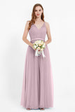 romantic maxi bridesmaid dress features a V neckline empire waist pleated formal evening dresses