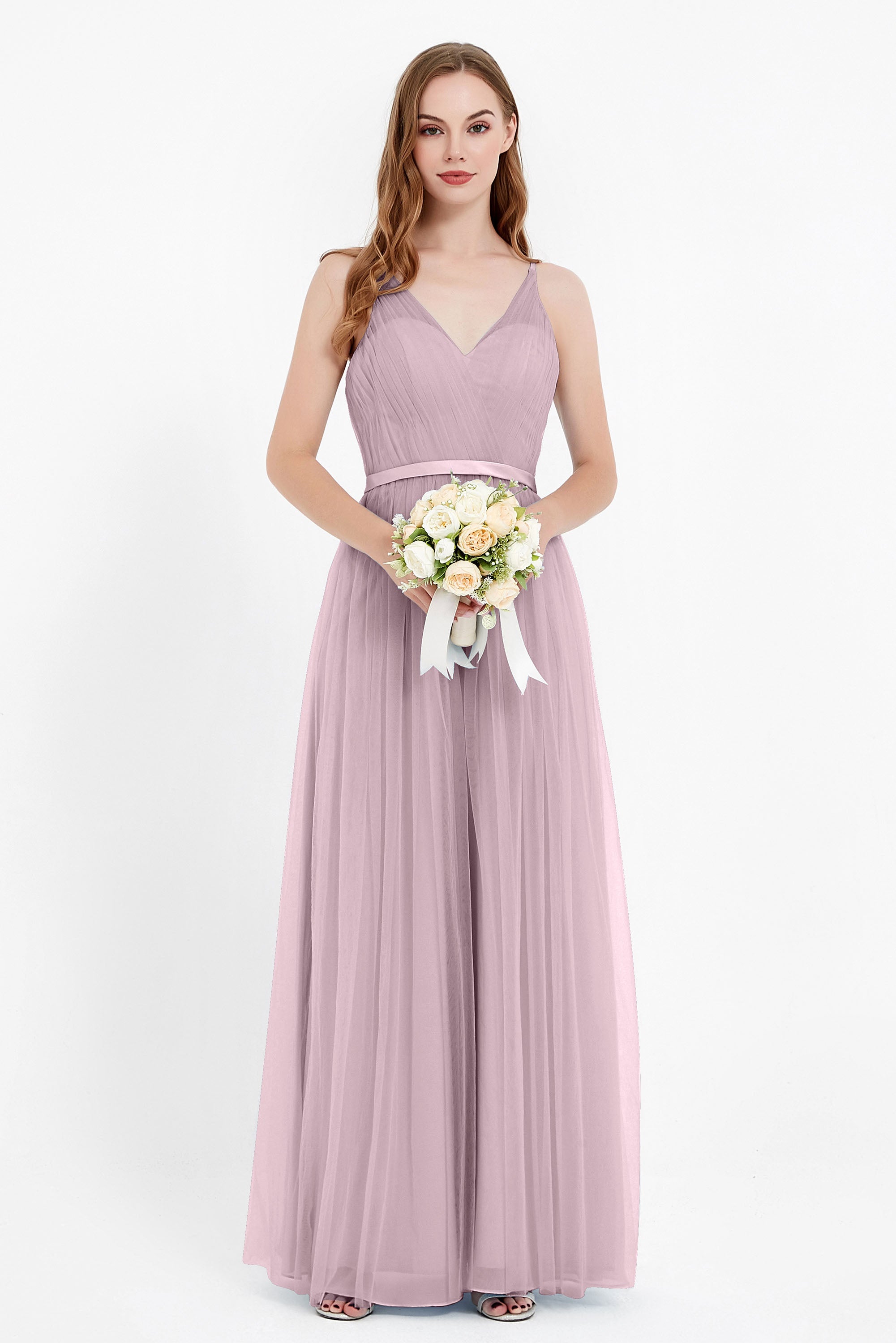 romantic maxi bridesmaid dress features a V neckline empire waist pleated formal evening dresses