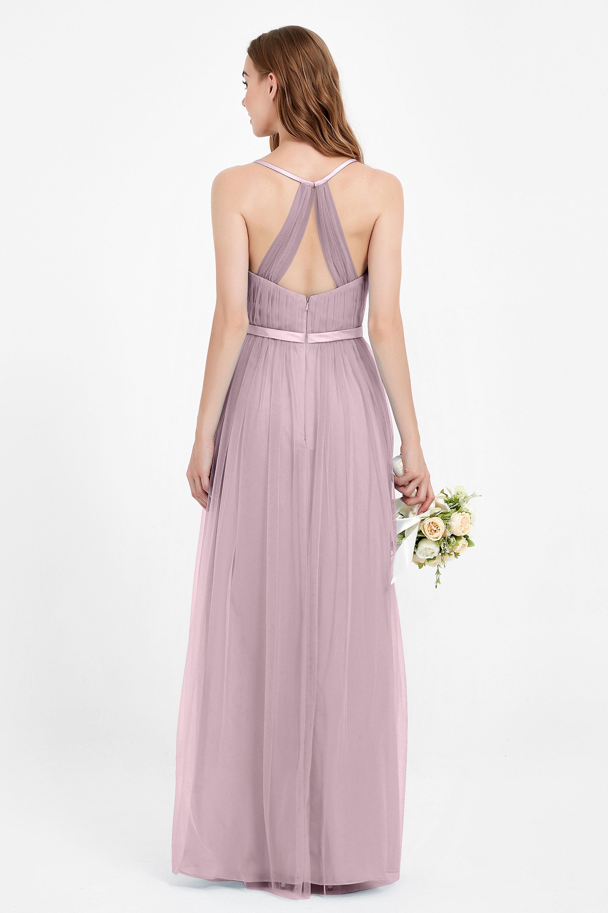 romantic maxi bridesmaid dress features a V neckline empire waist pleated formal evening dresses