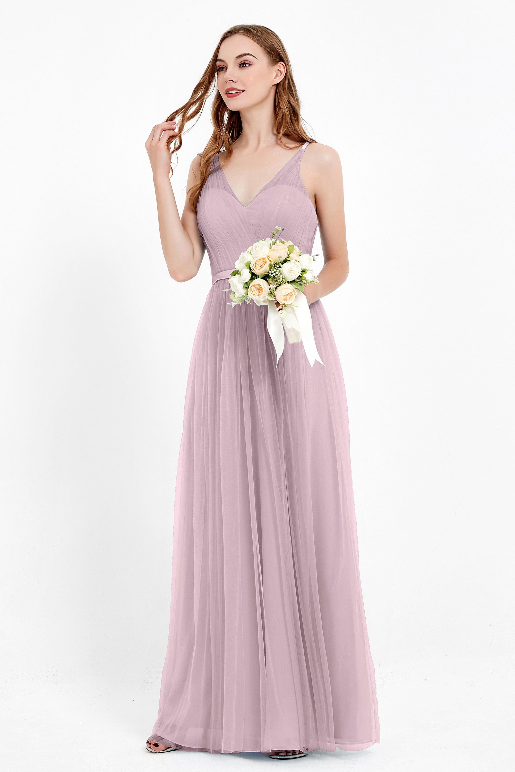 romantic maxi bridesmaid dress features a V neckline empire waist pleated formal evening dresses