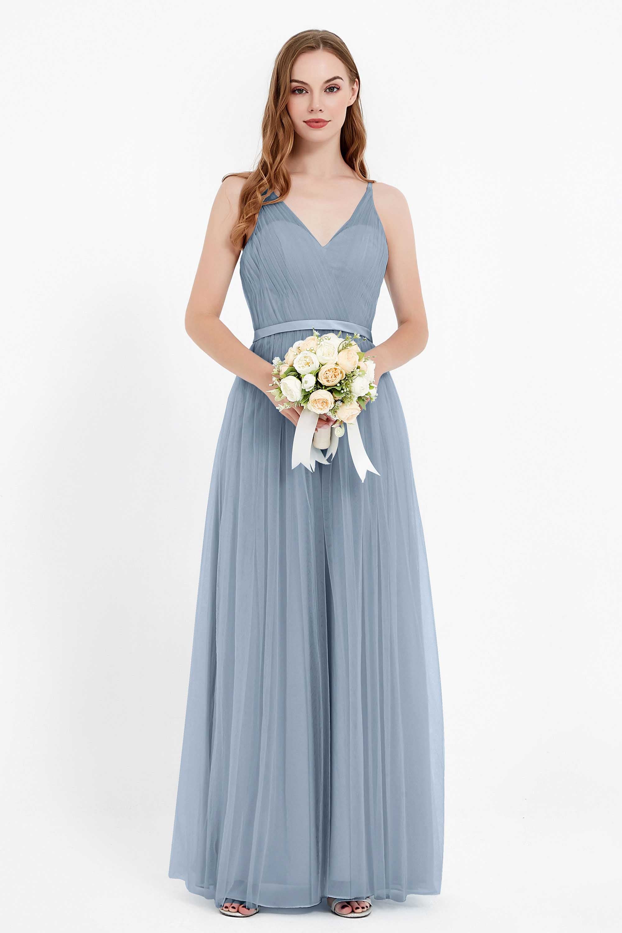 romantic maxi bridesmaid dress features a V neckline empire waist pleated formal evening dresses
