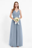 romantic maxi bridesmaid dress features a V neckline empire waist pleated formal evening dresses