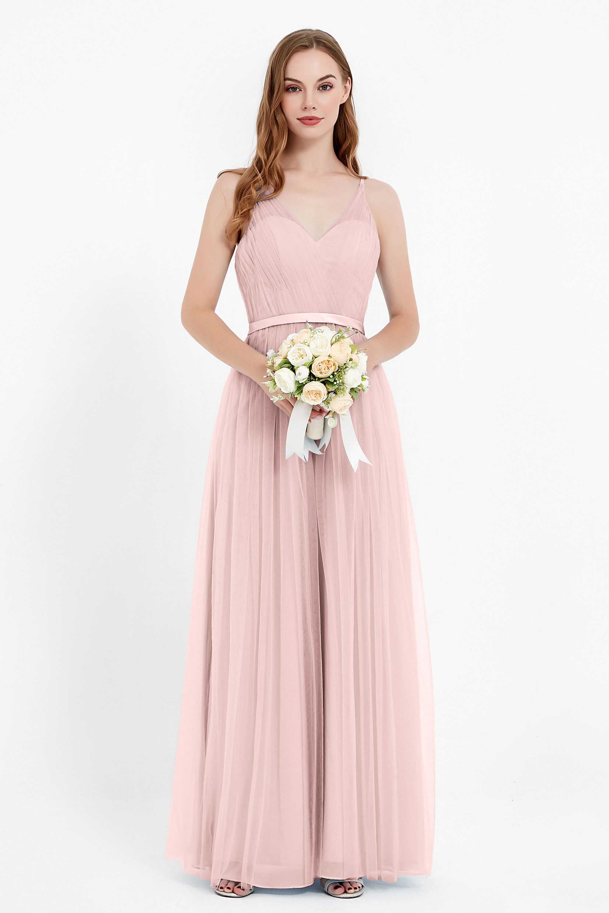 romantic maxi bridesmaid dress features a V neckline empire waist pleated formal evening dresses