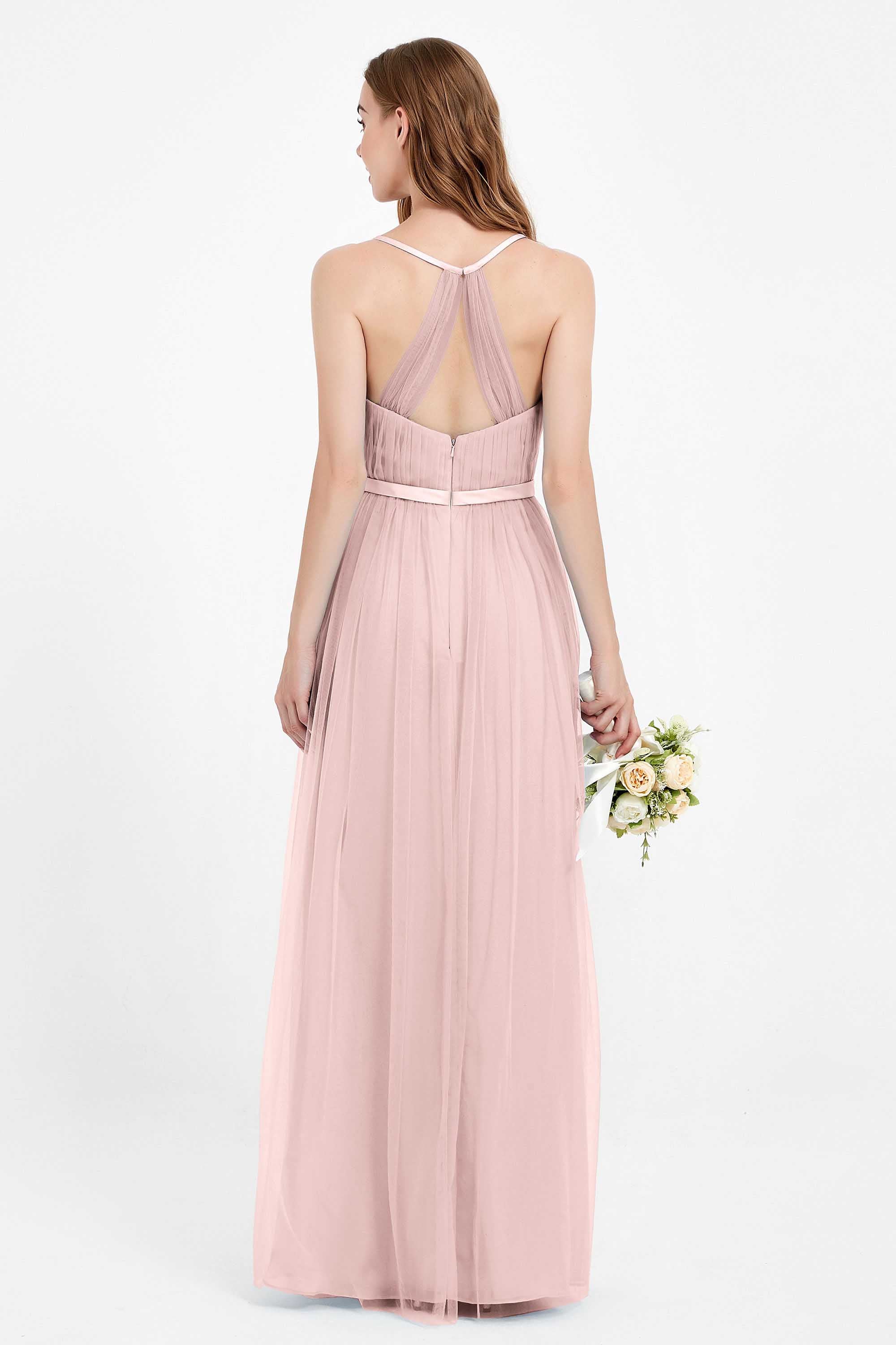 romantic maxi bridesmaid dress features a V neckline empire waist pleated formal evening dresses