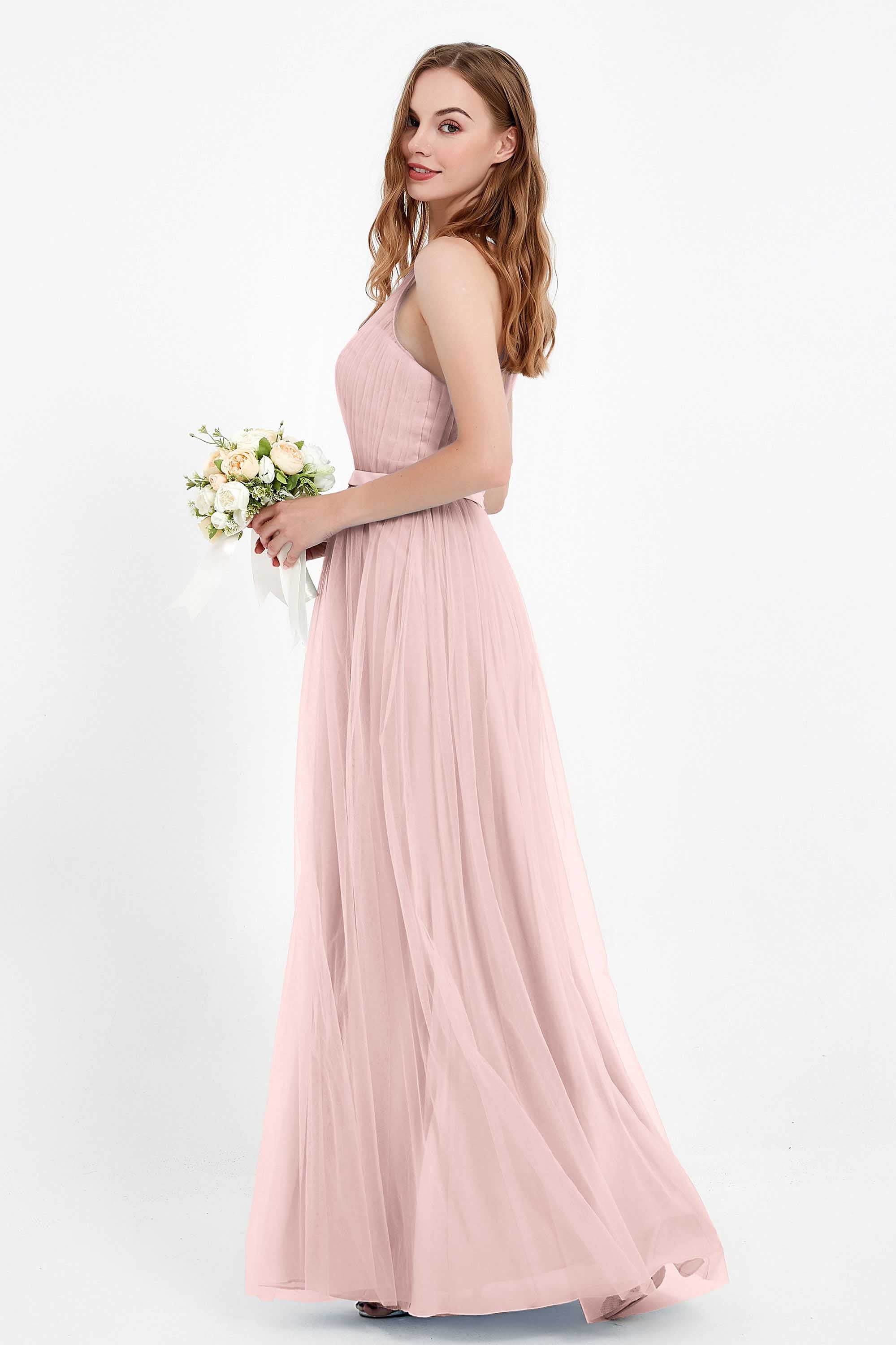 romantic maxi bridesmaid dress features a V neckline empire waist pleated formal evening dresses
