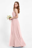 romantic maxi bridesmaid dress features a V neckline empire waist pleated formal evening dresses