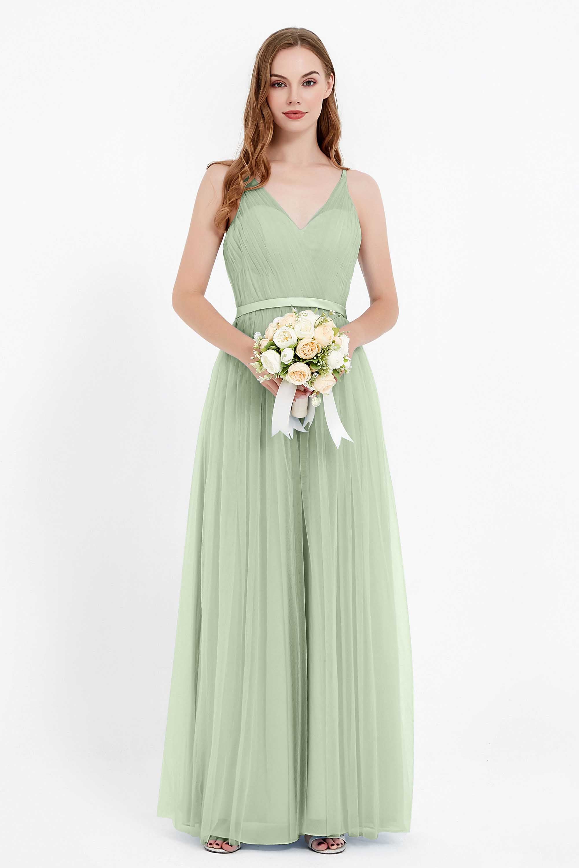 romantic maxi bridesmaid dress features a V neckline empire waist pleated formal evening dresses