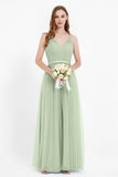 romantic maxi bridesmaid dress features a V neckline empire waist pleated formal evening dresses