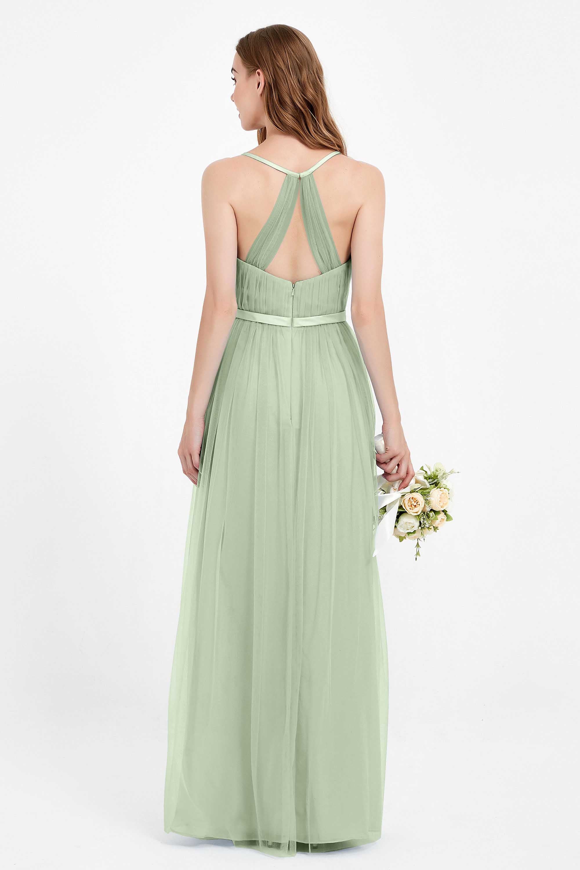 romantic maxi bridesmaid dress features a V neckline empire waist pleated formal evening dresses