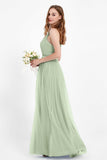 romantic maxi bridesmaid dress features a V neckline empire waist pleated formal evening dresses