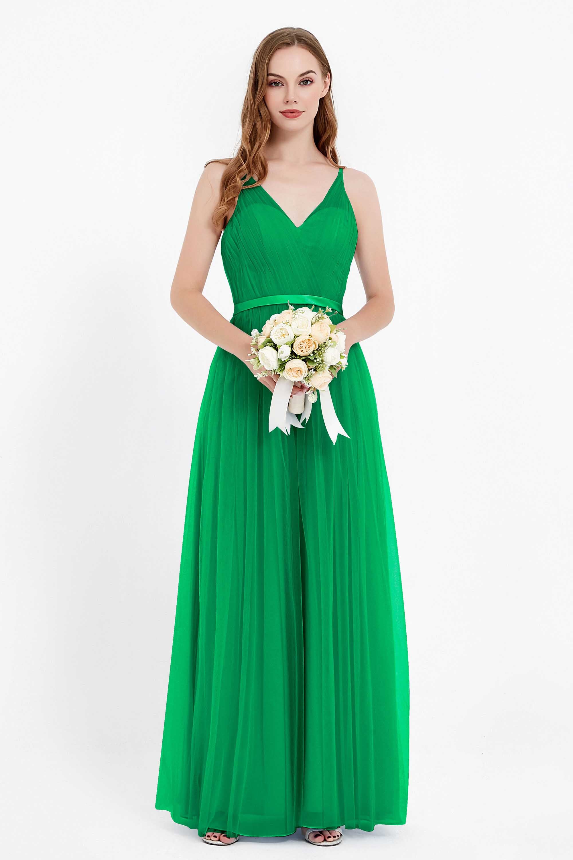 romantic maxi bridesmaid dress features a V neckline empire waist pleated formal evening dresses