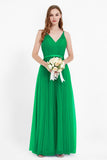 romantic maxi bridesmaid dress features a V neckline empire waist pleated formal evening dresses