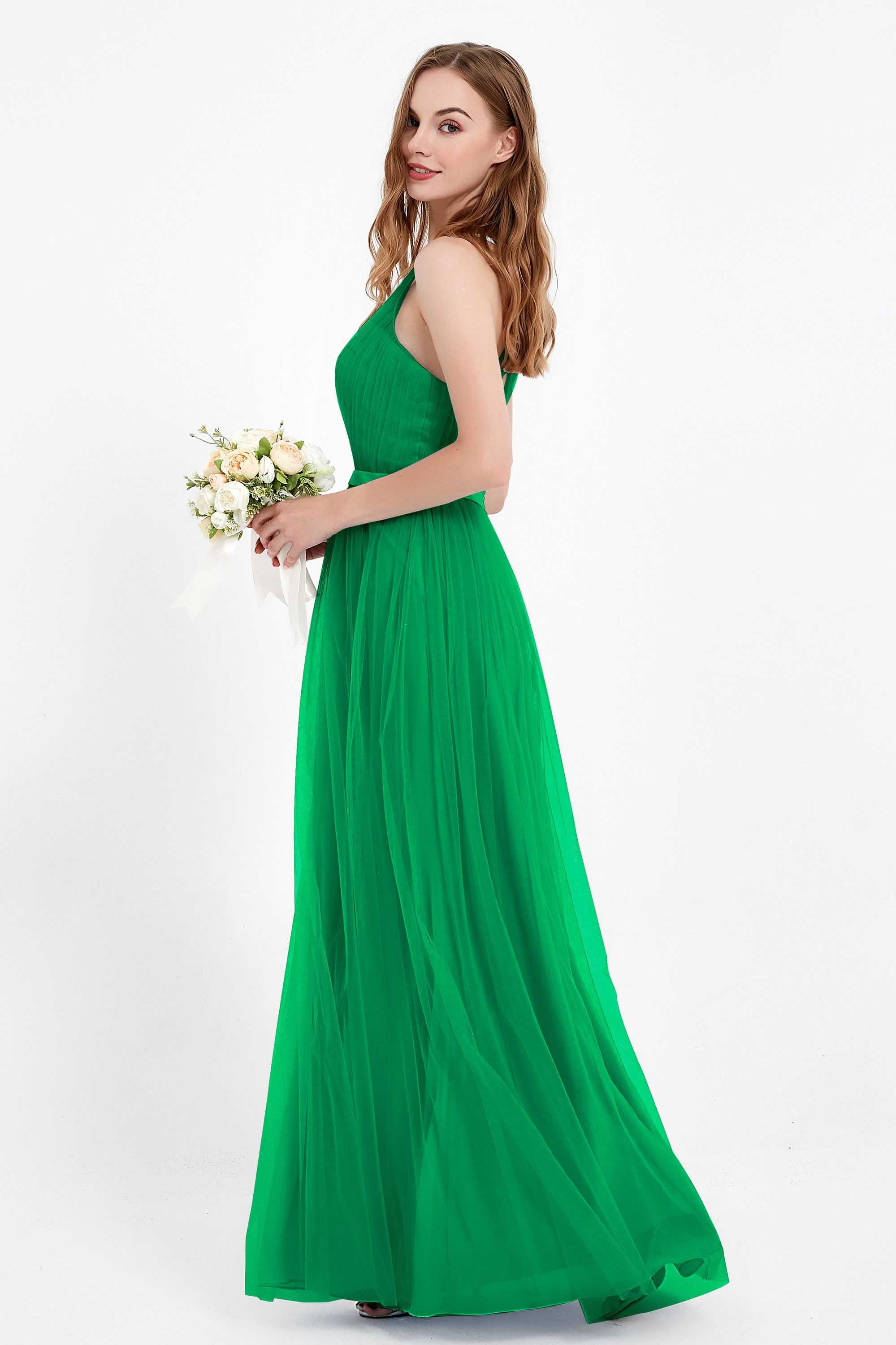 romantic maxi bridesmaid dress features a V neckline empire waist pleated formal evening dresses
