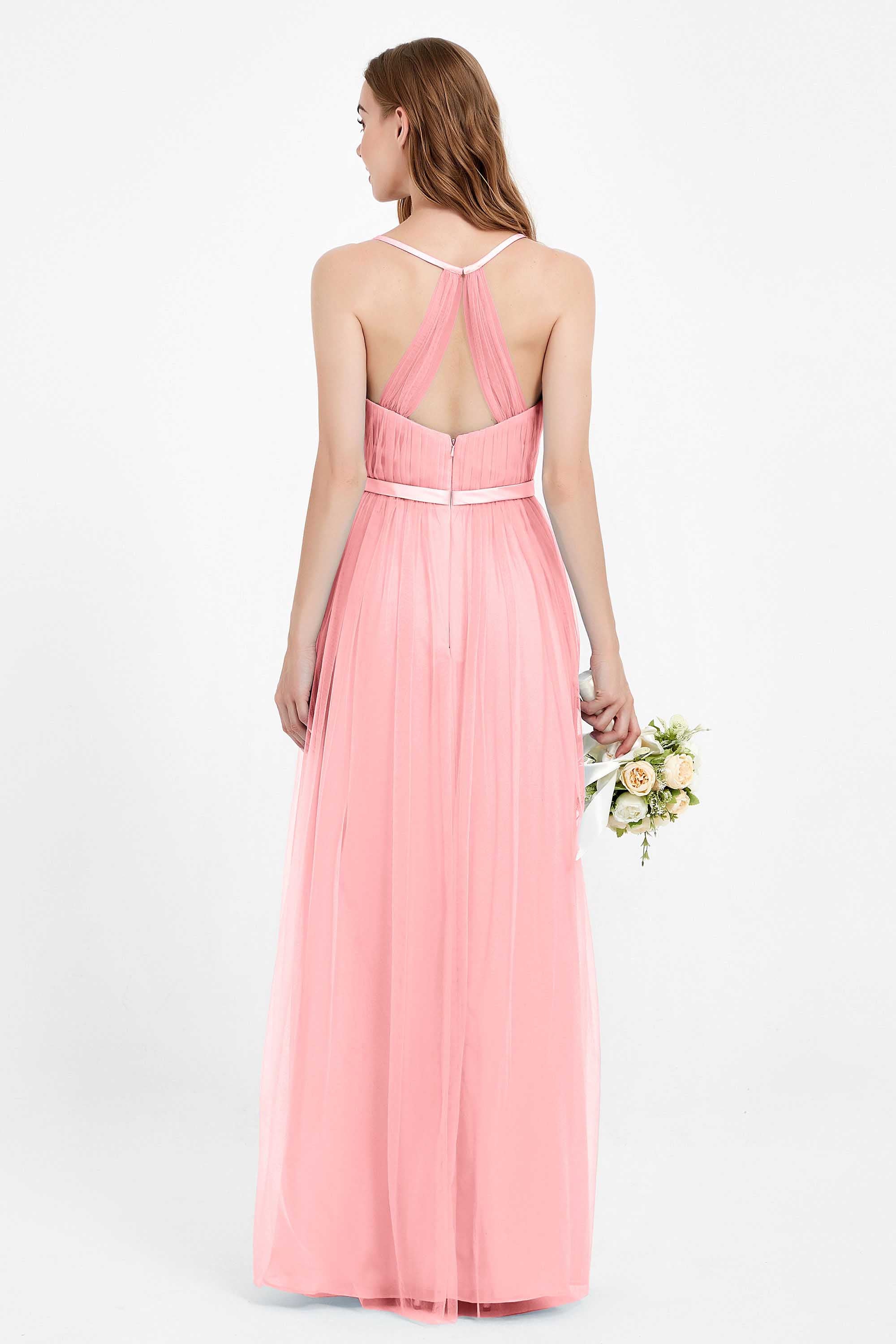 romantic maxi bridesmaid dress features a V neckline empire waist pleated formal evening dresses