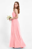romantic maxi bridesmaid dress features a V neckline empire waist pleated formal evening dresses