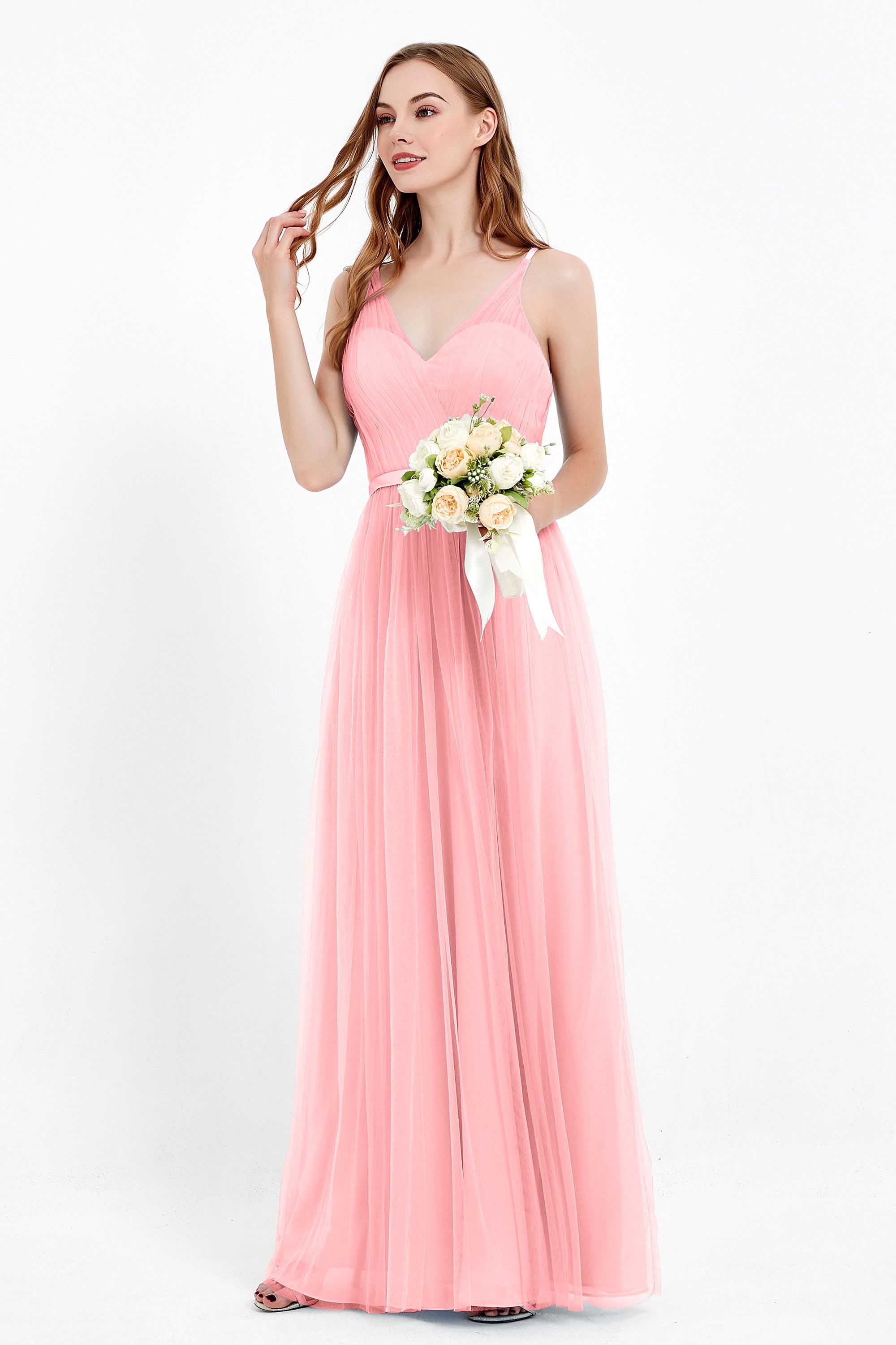 romantic maxi bridesmaid dress features a V neckline empire waist pleated formal evening dresses