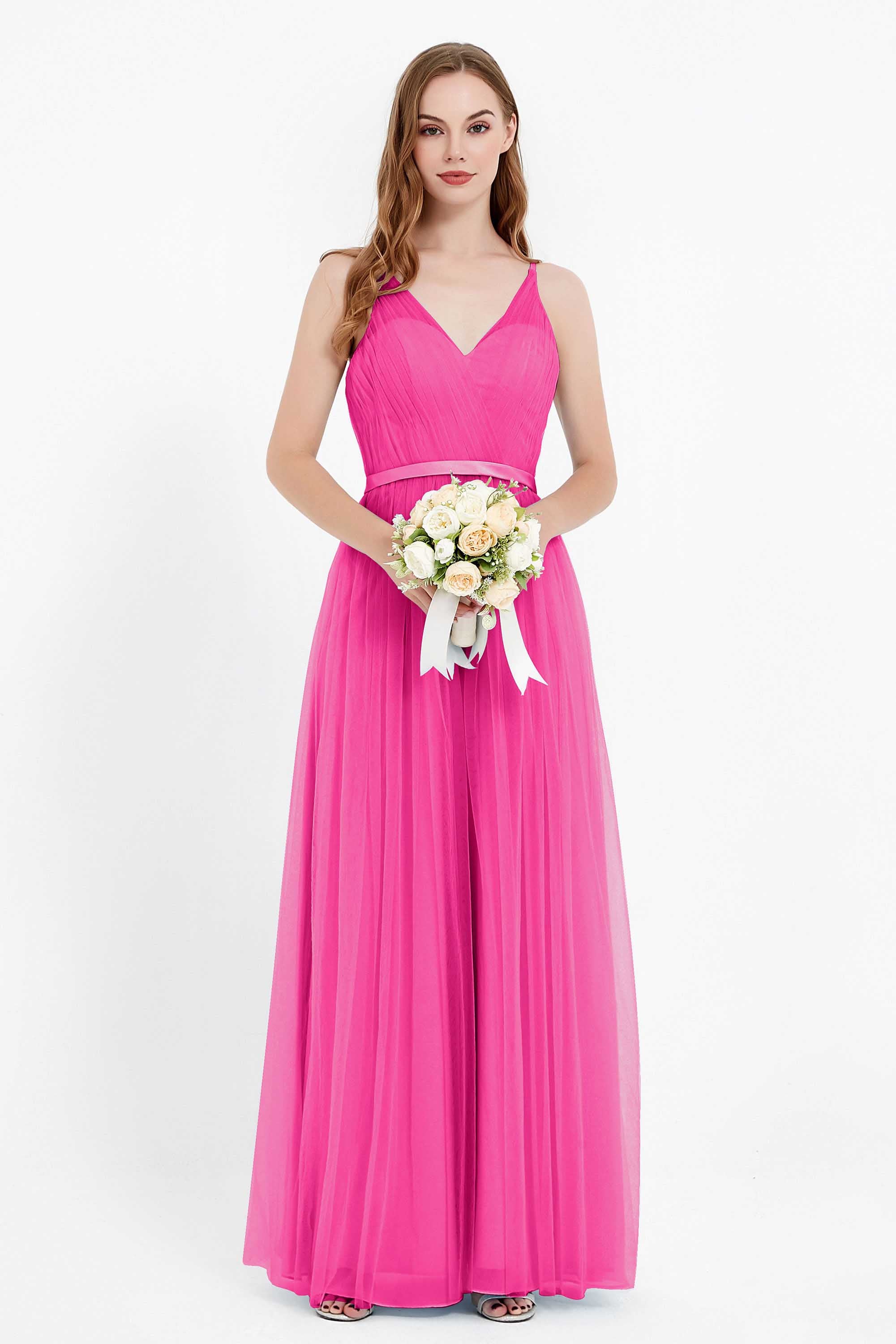 romantic maxi bridesmaid dress features a V neckline empire waist pleated formal evening dresses