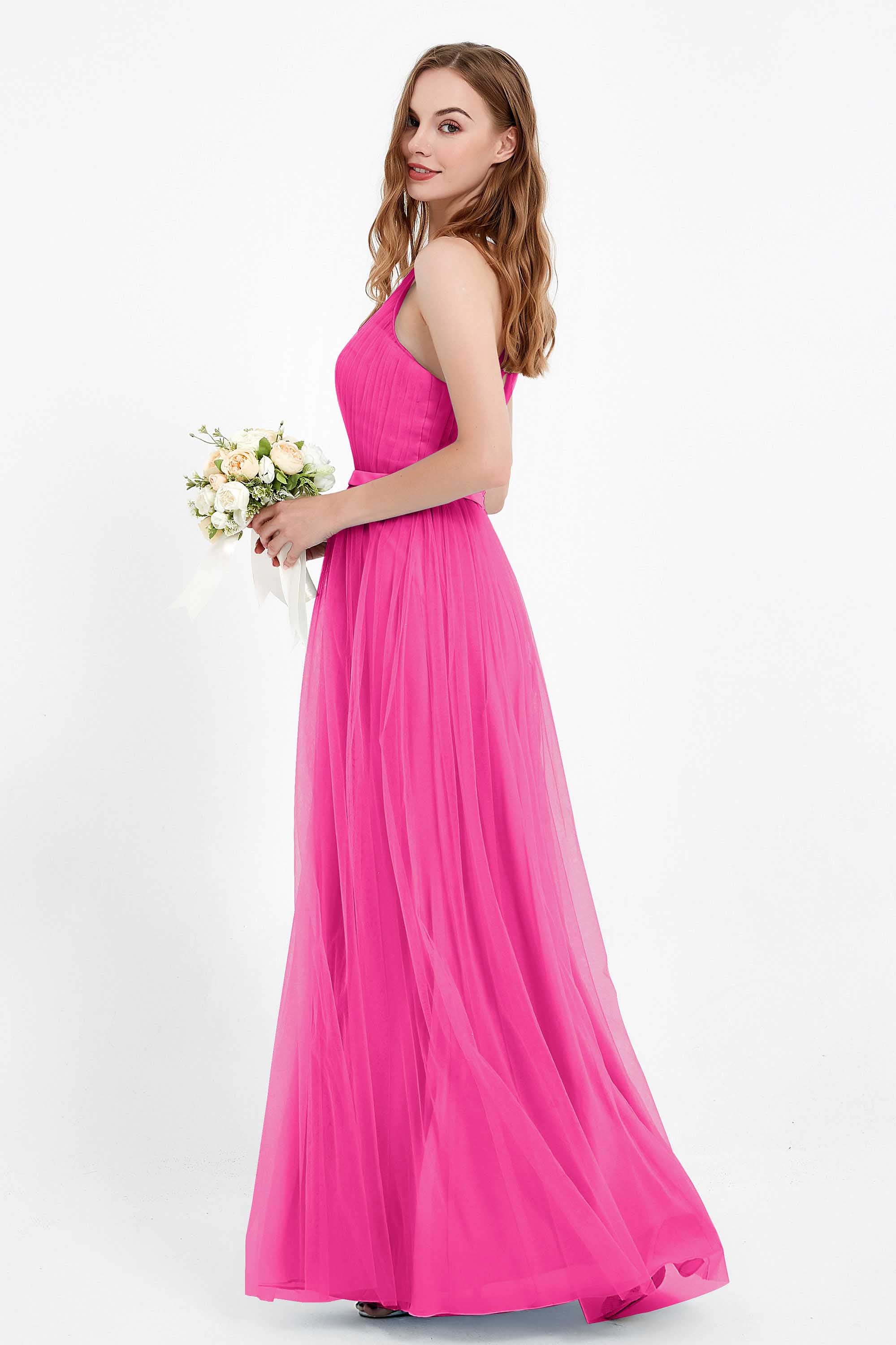 romantic maxi bridesmaid dress features a V neckline empire waist pleated formal evening dresses