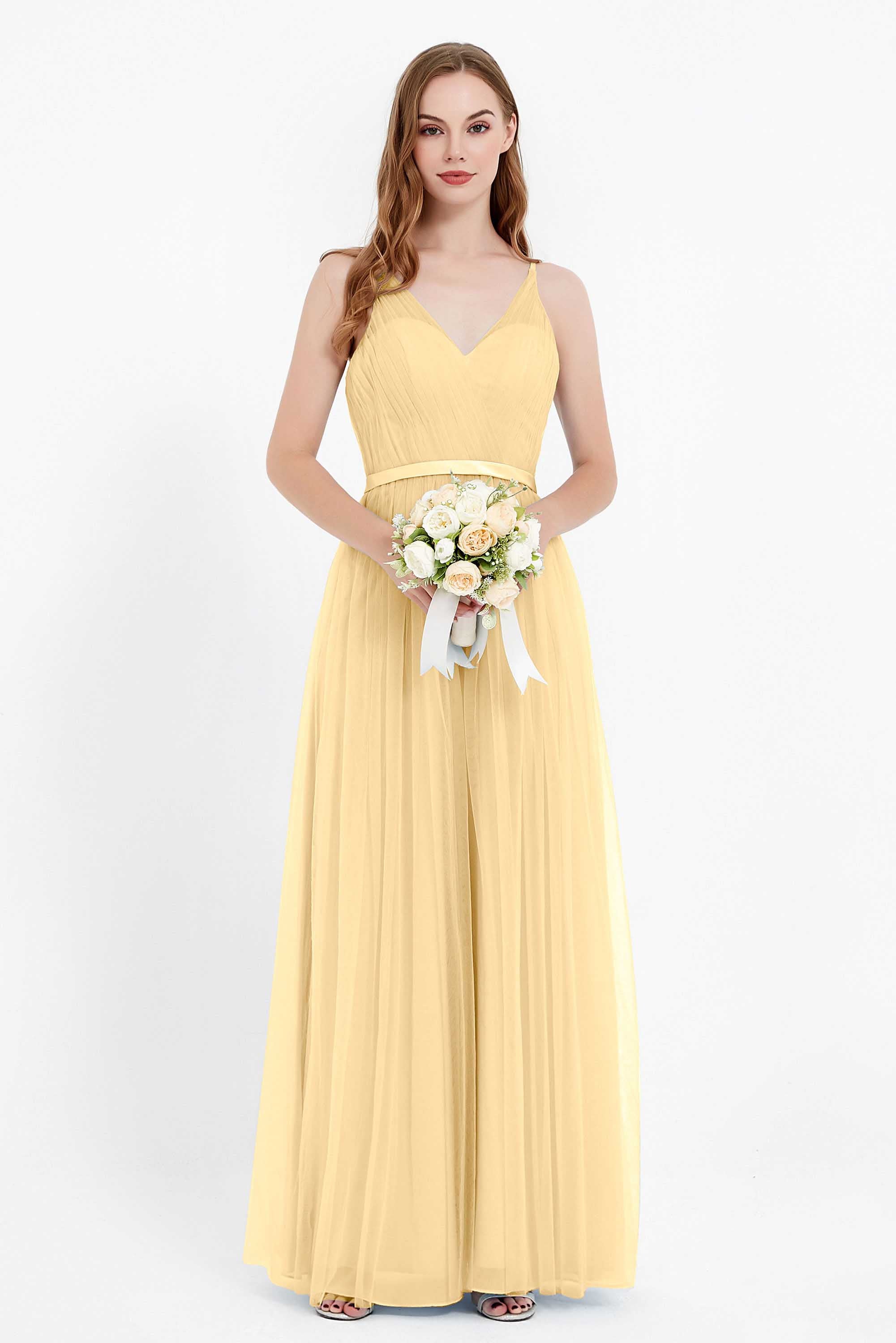 romantic maxi bridesmaid dress features a V neckline empire waist pleated formal evening dresses