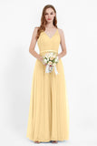 romantic maxi bridesmaid dress features a V neckline empire waist pleated formal evening dresses