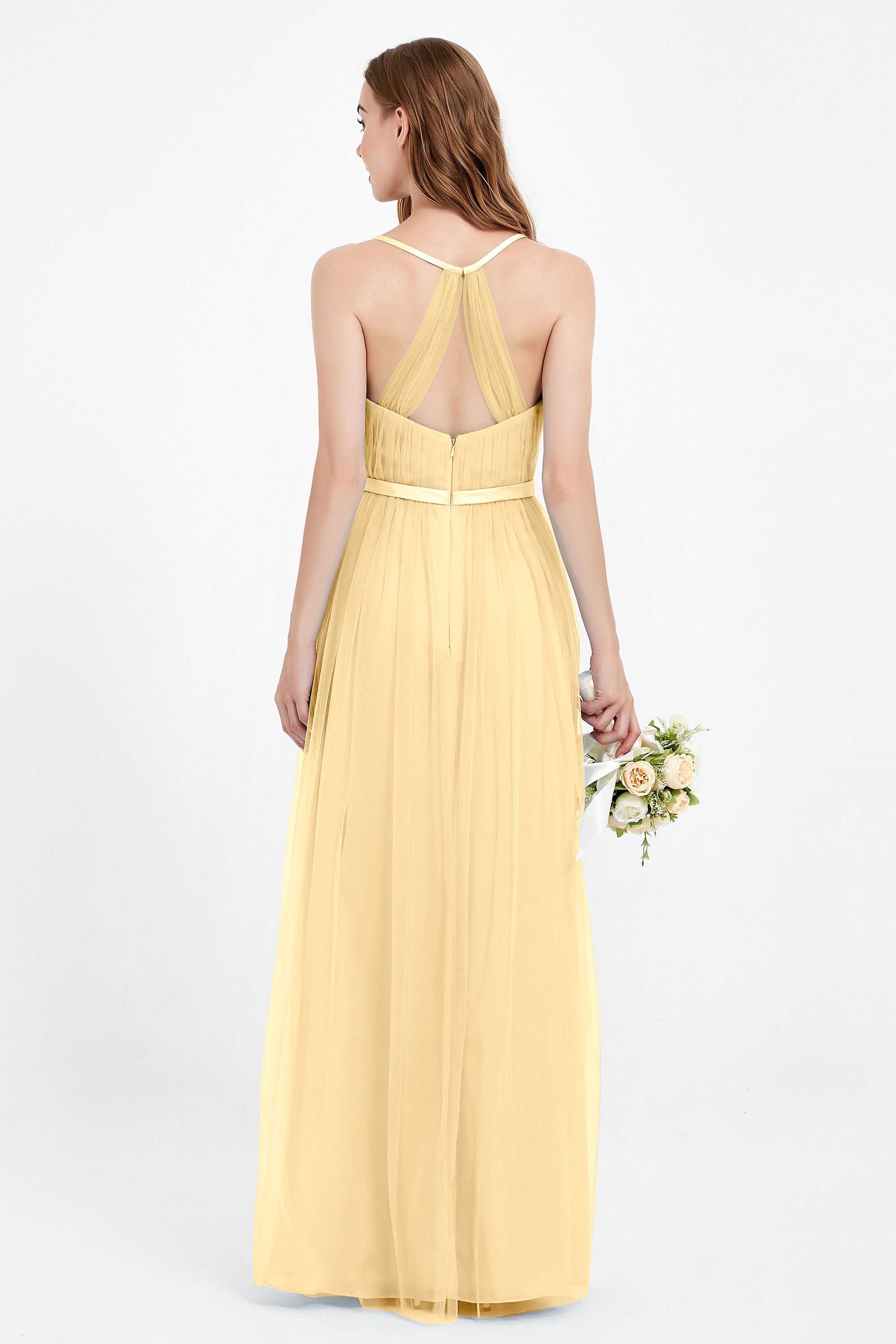 romantic maxi bridesmaid dress features a V neckline empire waist pleated formal evening dresses