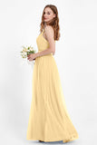 romantic maxi bridesmaid dress features a V neckline empire waist pleated formal evening dresses