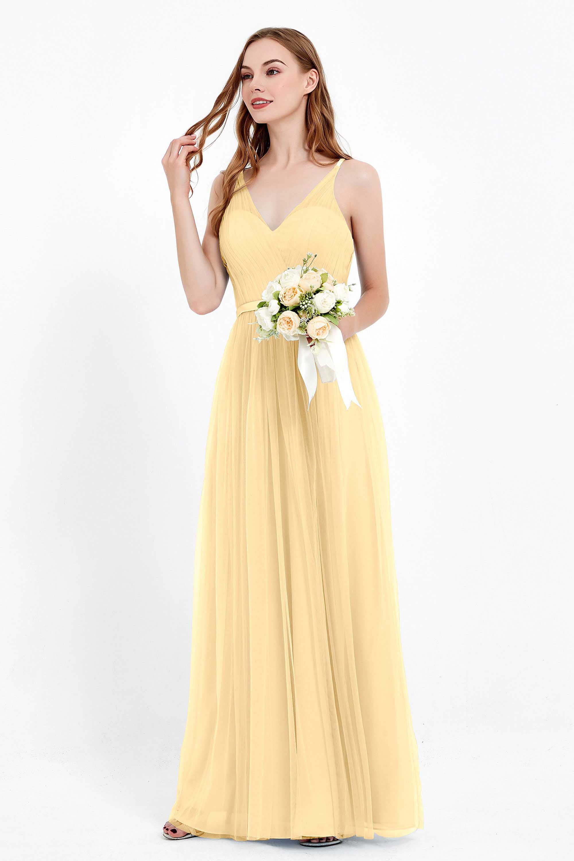 romantic maxi bridesmaid dress features a V neckline empire waist pleated formal evening dresses