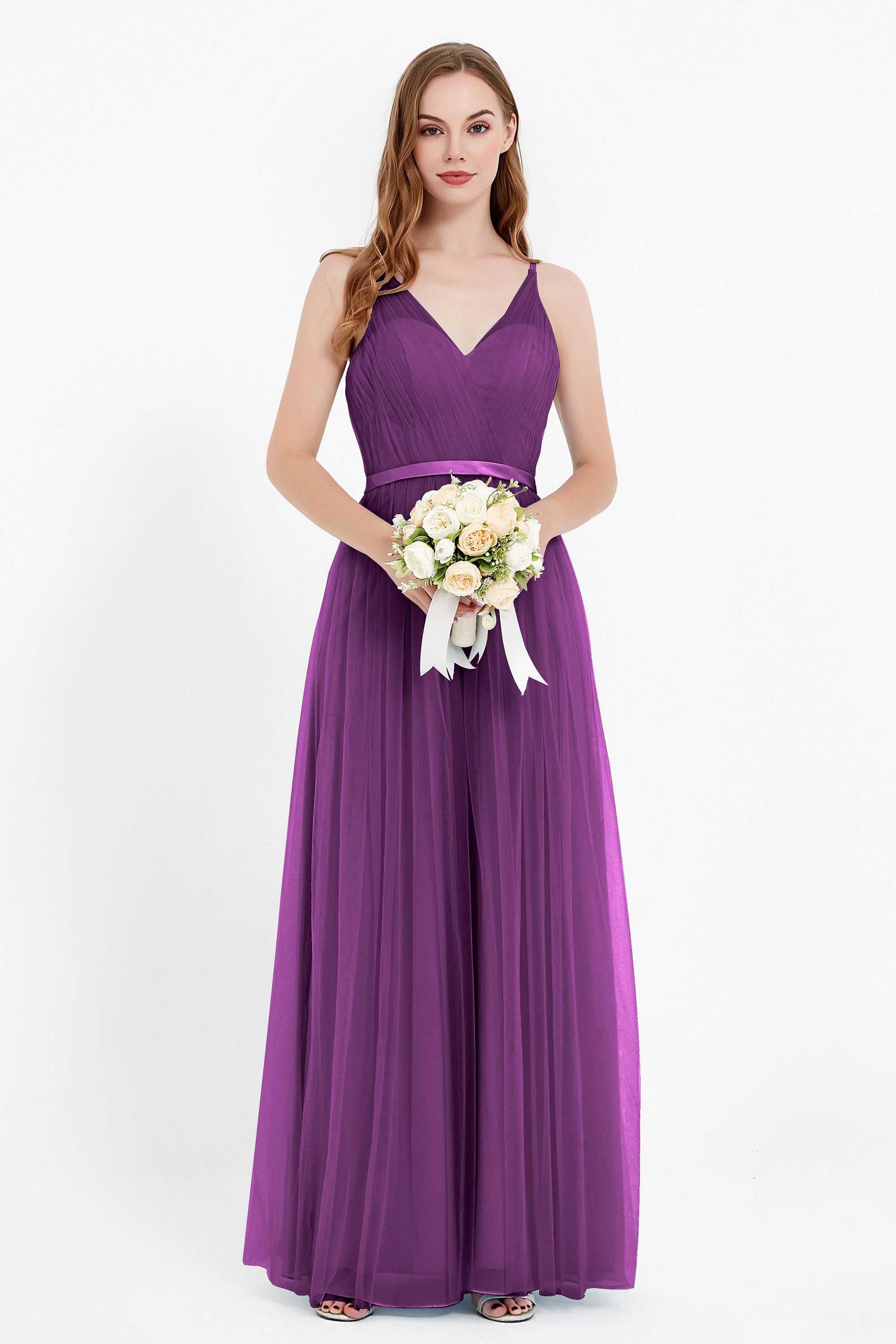 romantic maxi bridesmaid dress features a V neckline empire waist pleated formal evening dresses