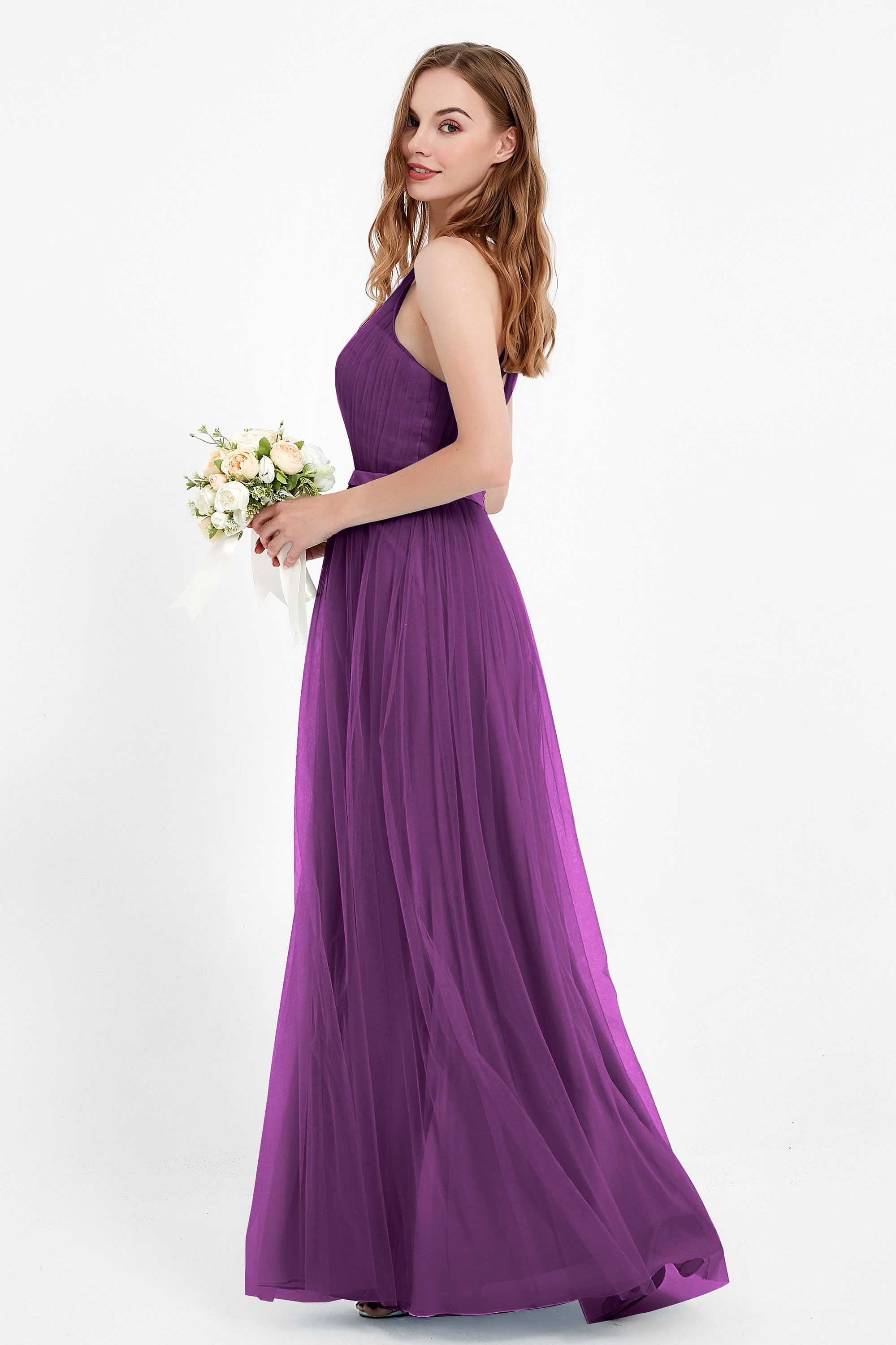 romantic maxi bridesmaid dress features a V neckline empire waist pleated formal evening dresses