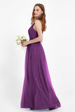 romantic maxi bridesmaid dress features a V neckline empire waist pleated formal evening dresses