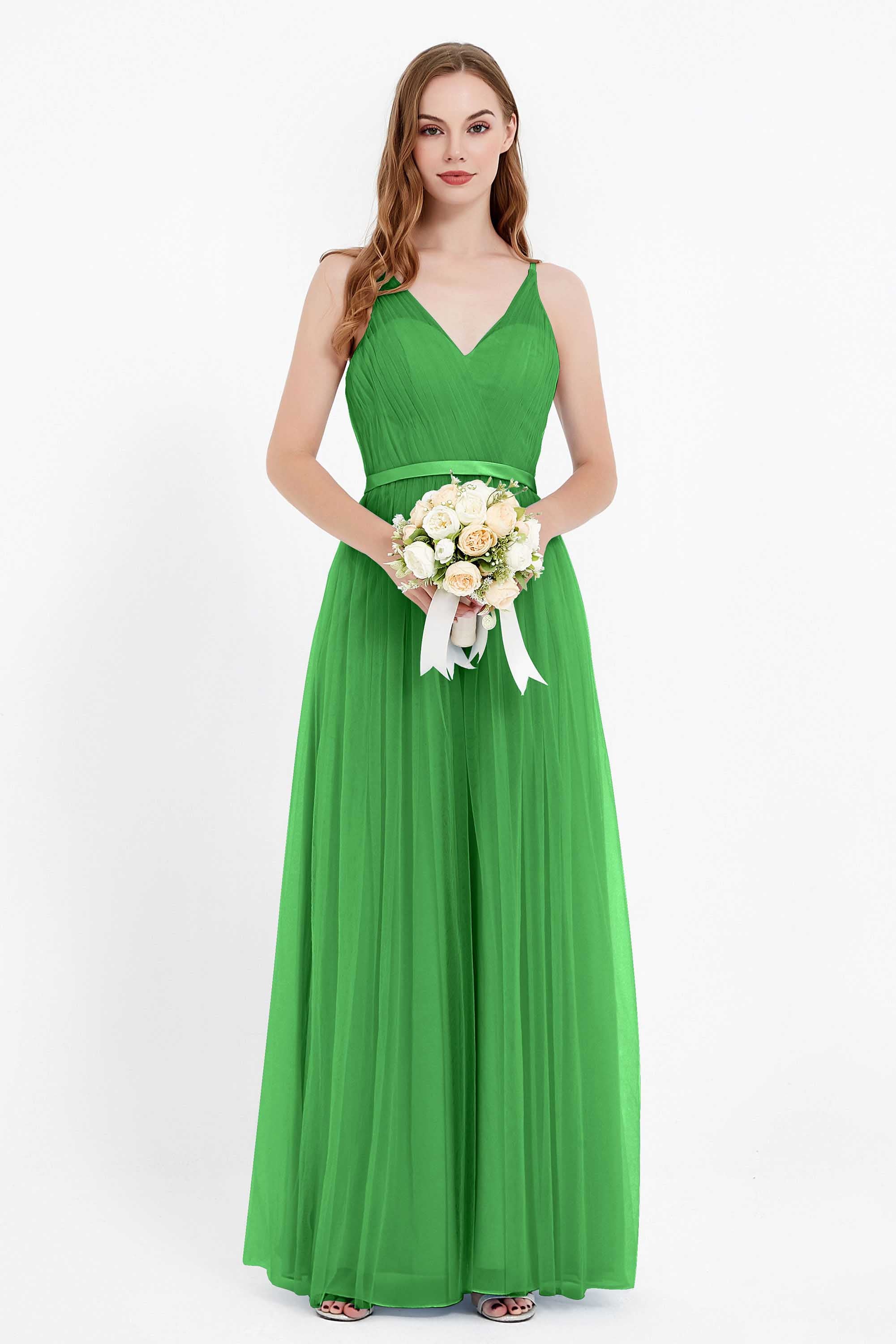 romantic maxi bridesmaid dress features a V neckline empire waist pleated formal evening dresses