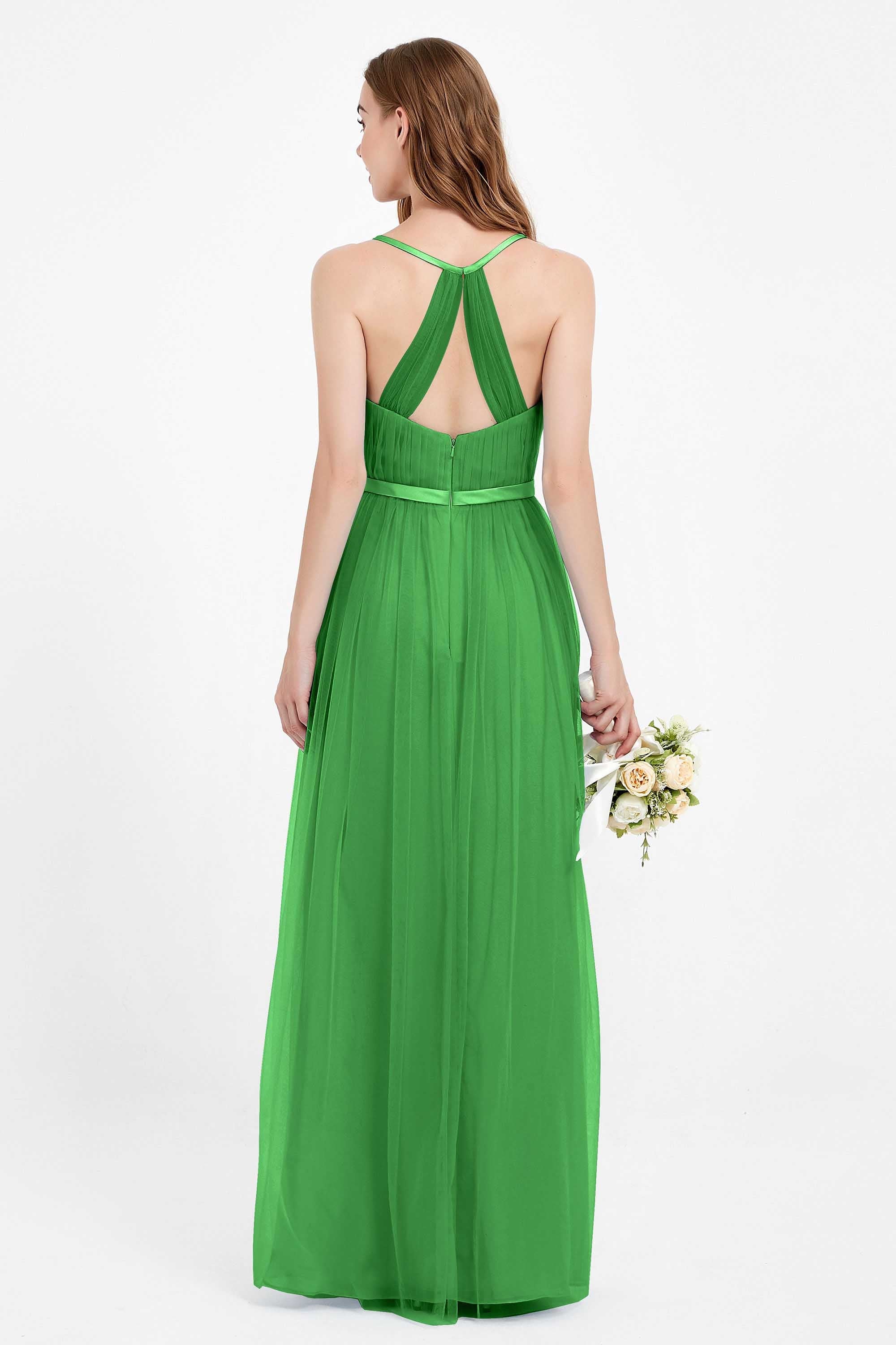 romantic maxi bridesmaid dress features a V neckline empire waist pleated formal evening dresses