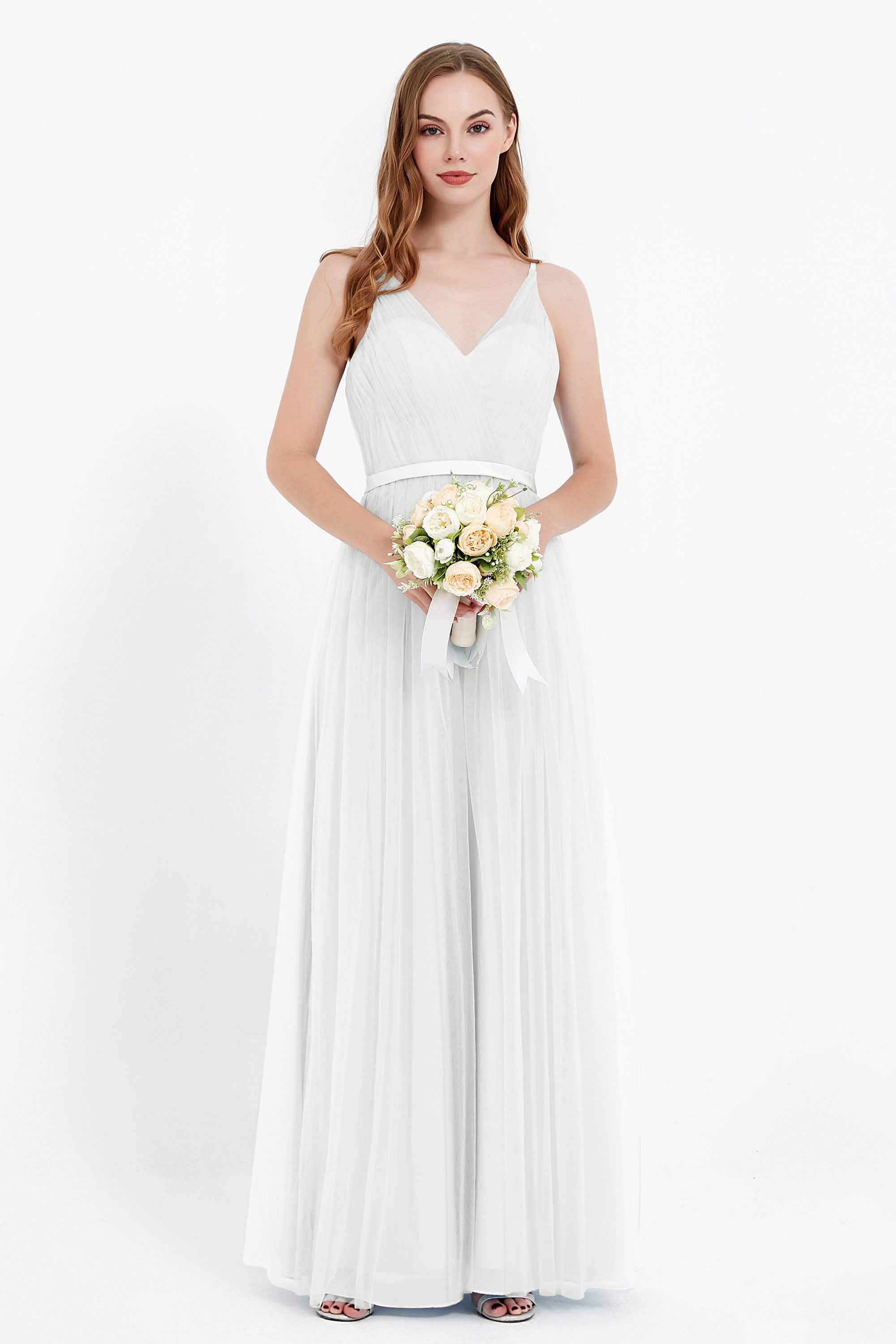 romantic maxi bridesmaid dress features a V neckline empire waist pleated formal evening dresses