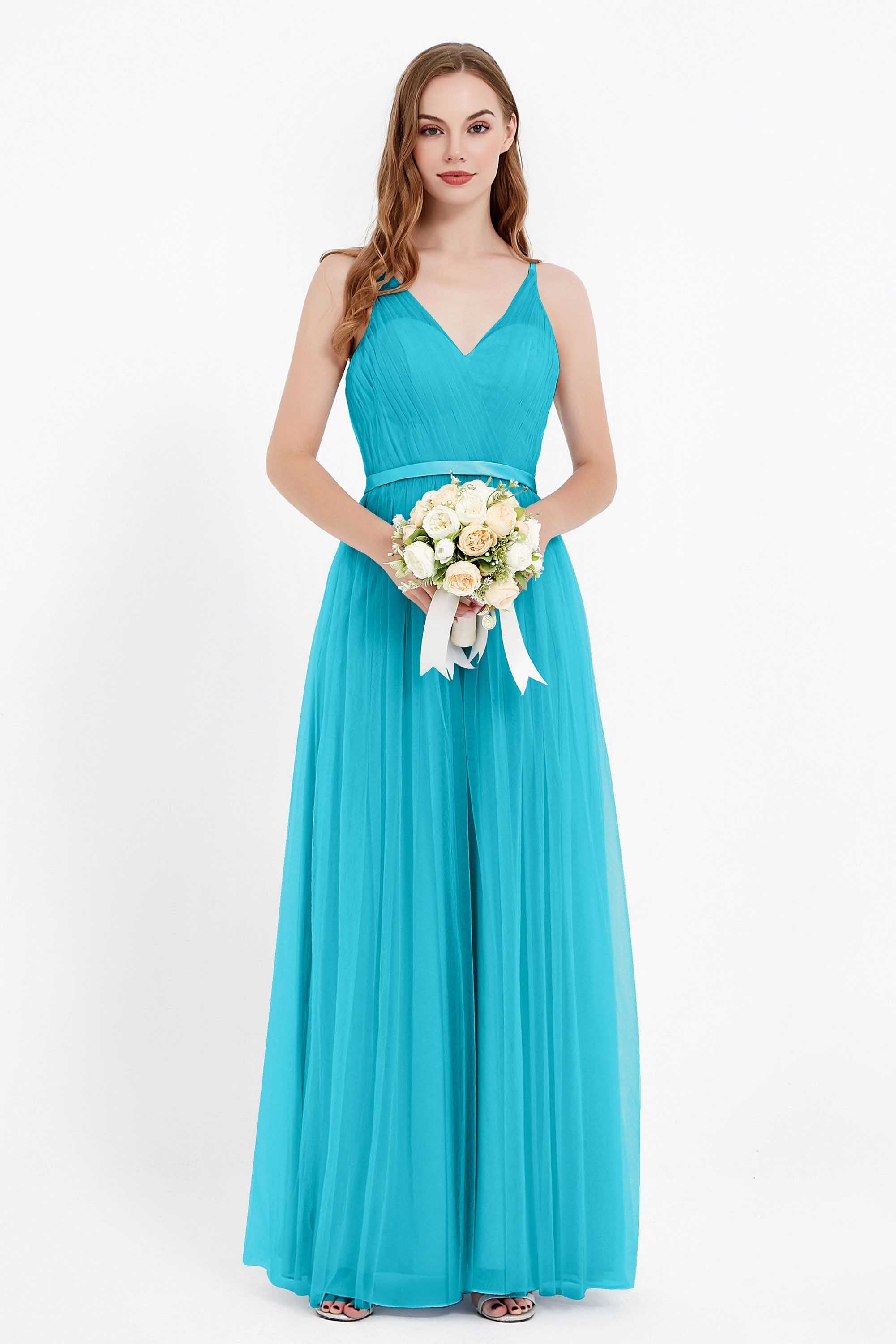 romantic maxi bridesmaid dress features a V neckline empire waist pleated formal evening dresses