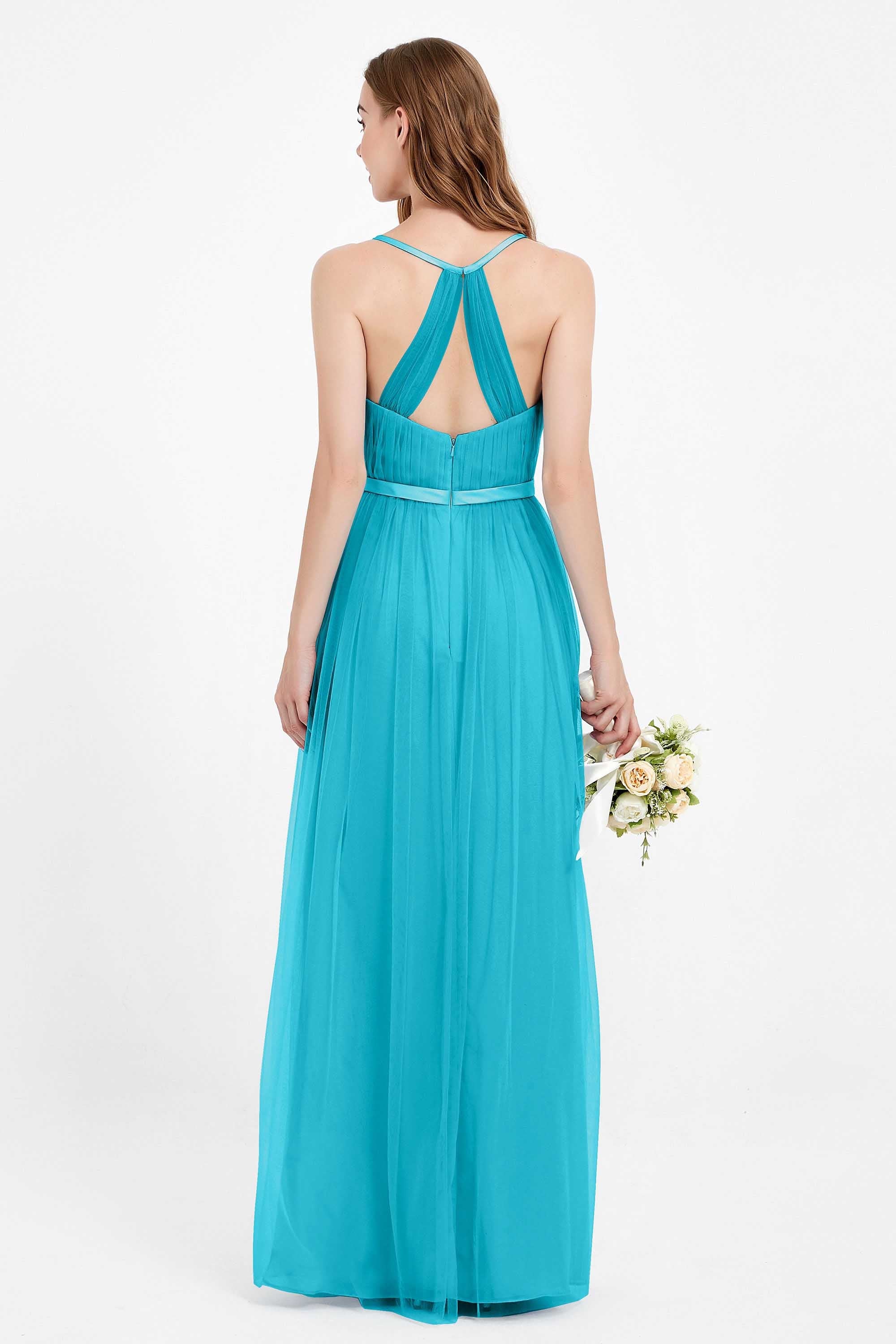 romantic maxi bridesmaid dress features a V neckline empire waist pleated formal evening dresses