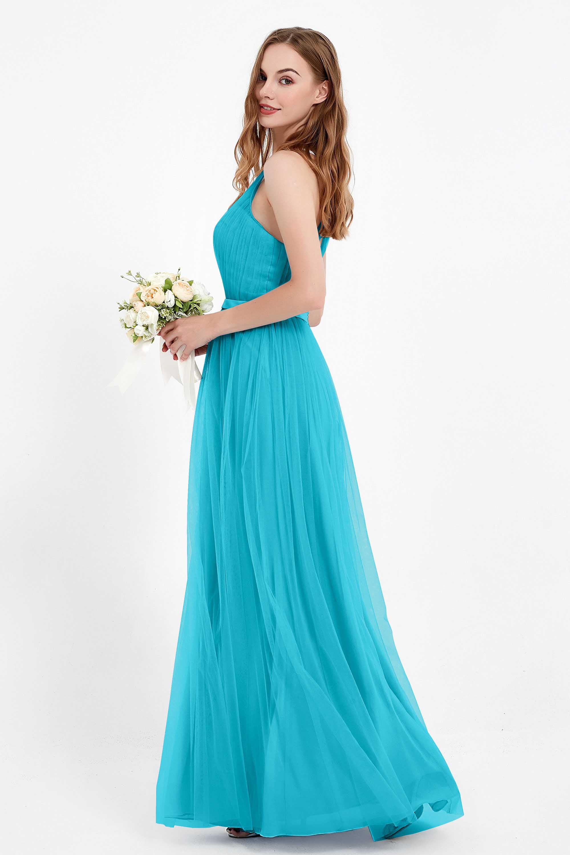 romantic maxi bridesmaid dress features a V neckline empire waist pleated formal evening dresses