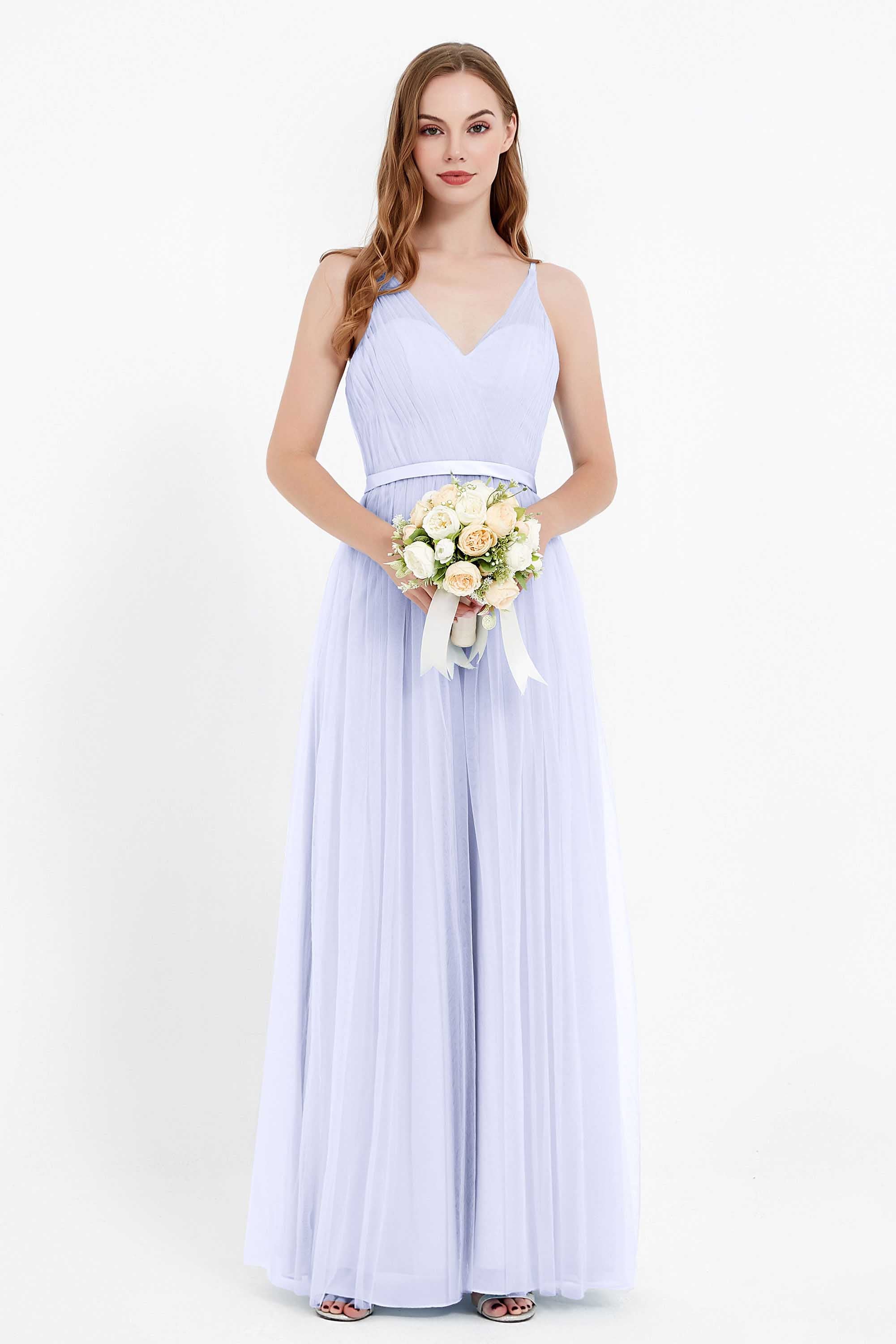 romantic maxi bridesmaid dress features a V neckline empire waist pleated formal evening dresses