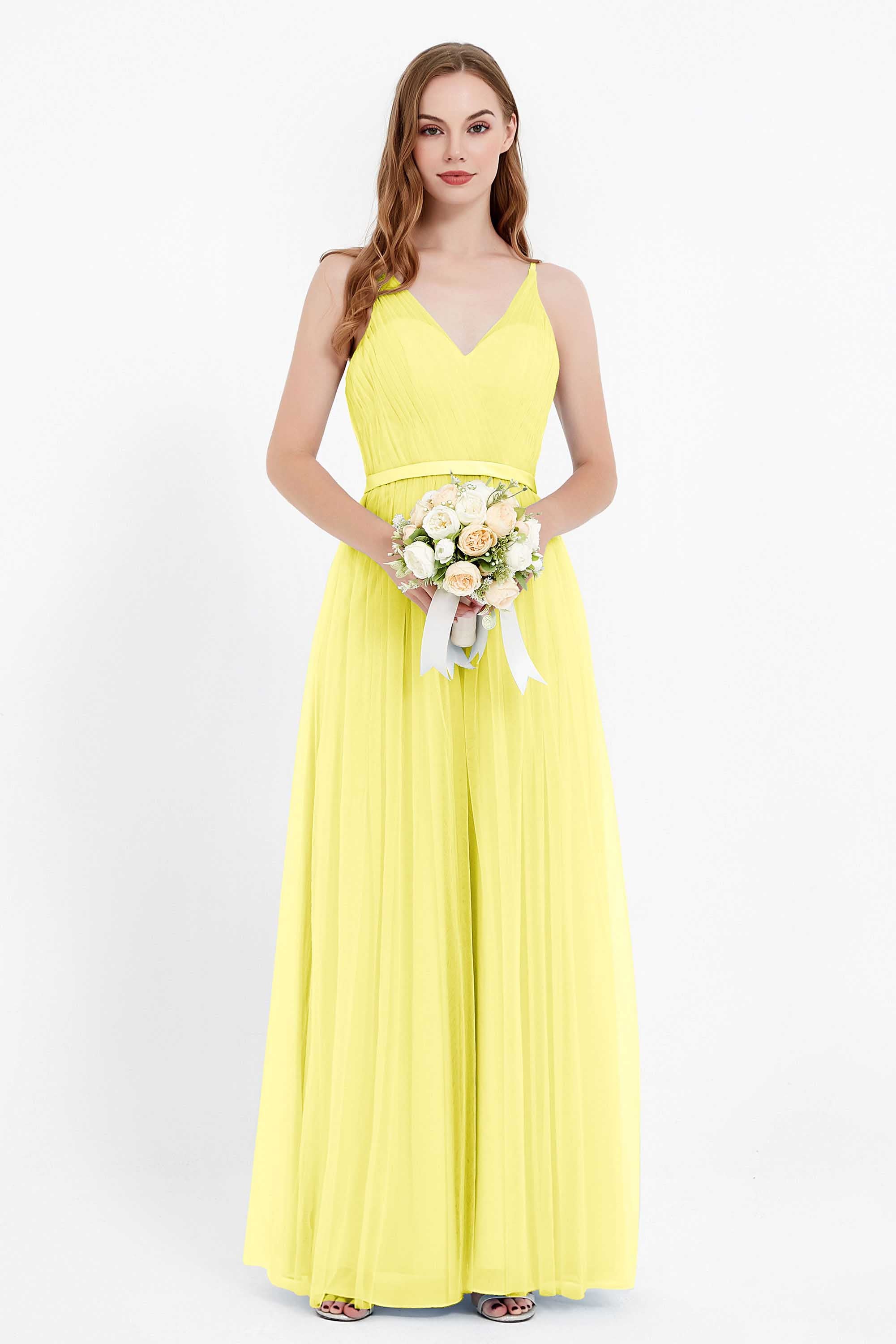 romantic maxi bridesmaid dress features a V neckline empire waist pleated formal evening dresses