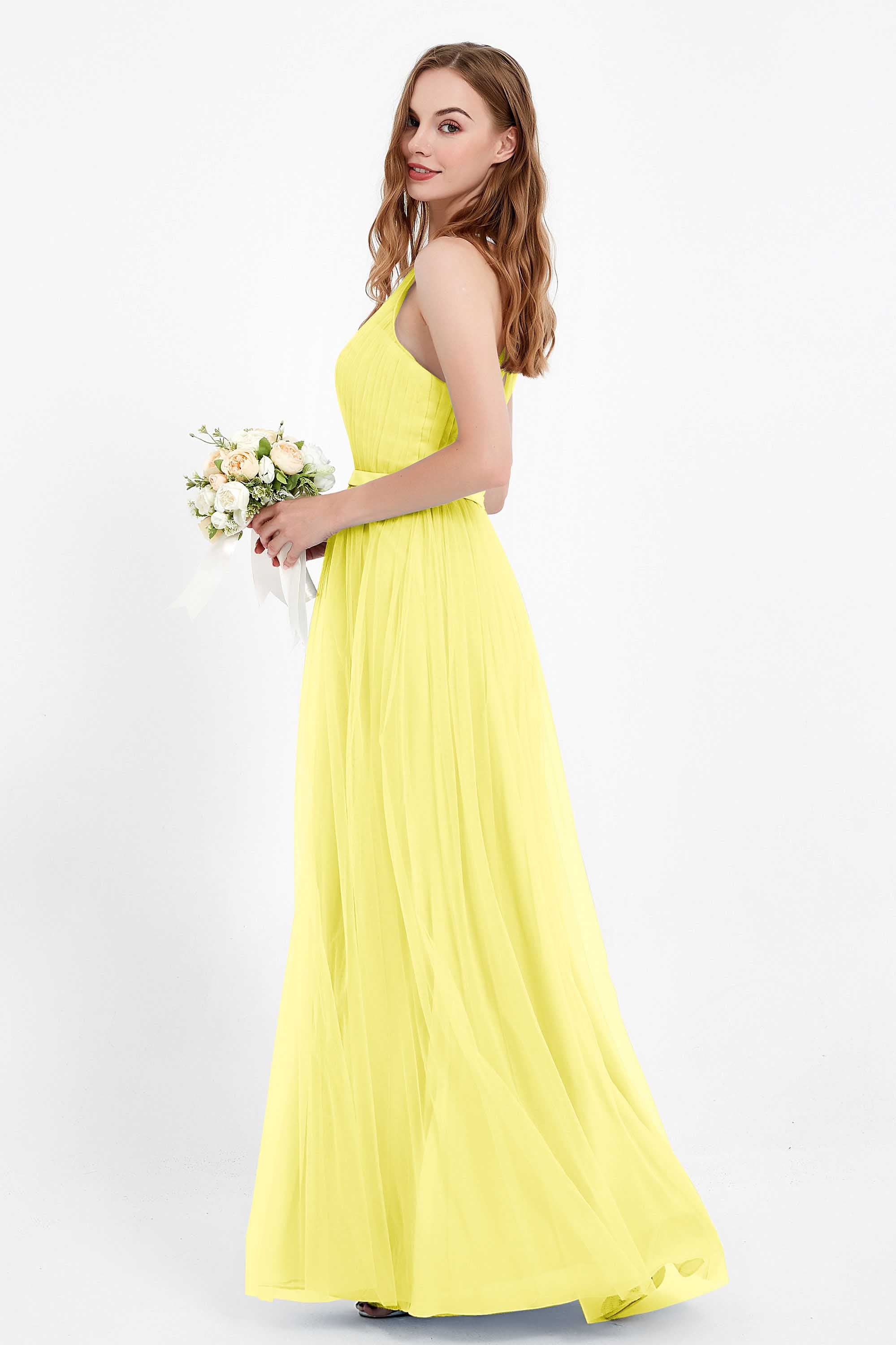 romantic maxi bridesmaid dress features a V neckline empire waist pleated formal evening dresses