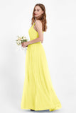 romantic maxi bridesmaid dress features a V neckline empire waist pleated formal evening dresses