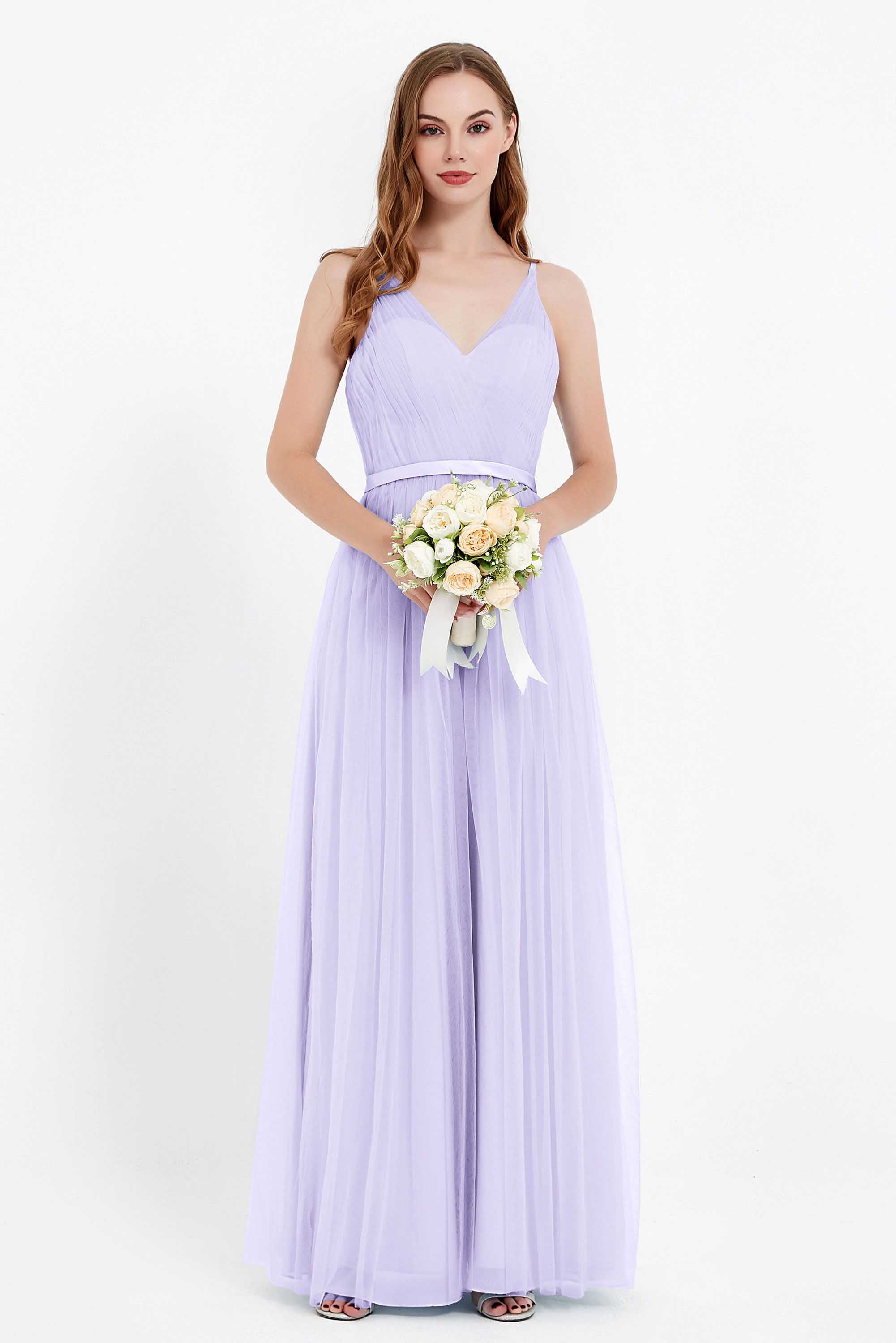 romantic maxi bridesmaid dress features a V neckline empire waist pleated formal evening dresses