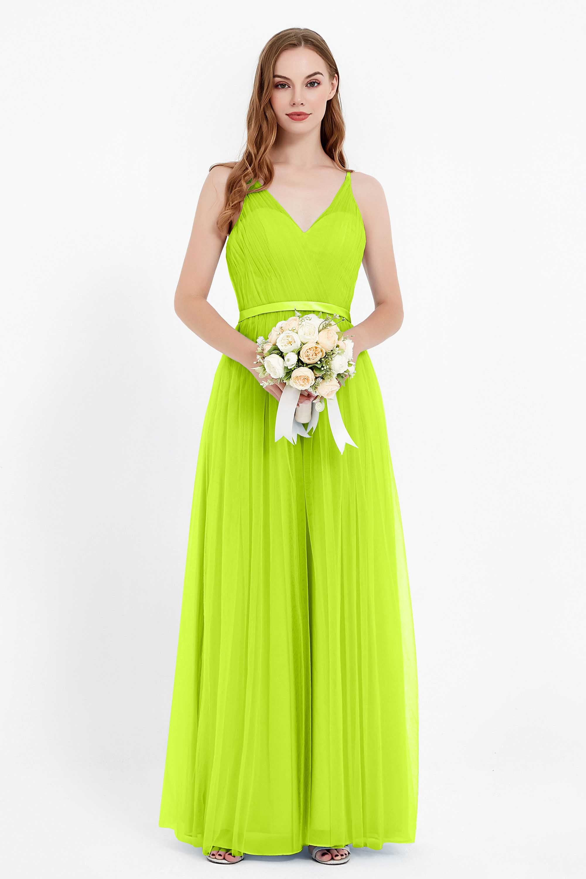 romantic maxi bridesmaid dress features a V neckline empire waist pleated formal evening dresses