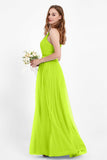 romantic maxi bridesmaid dress features a V neckline empire waist pleated formal evening dresses