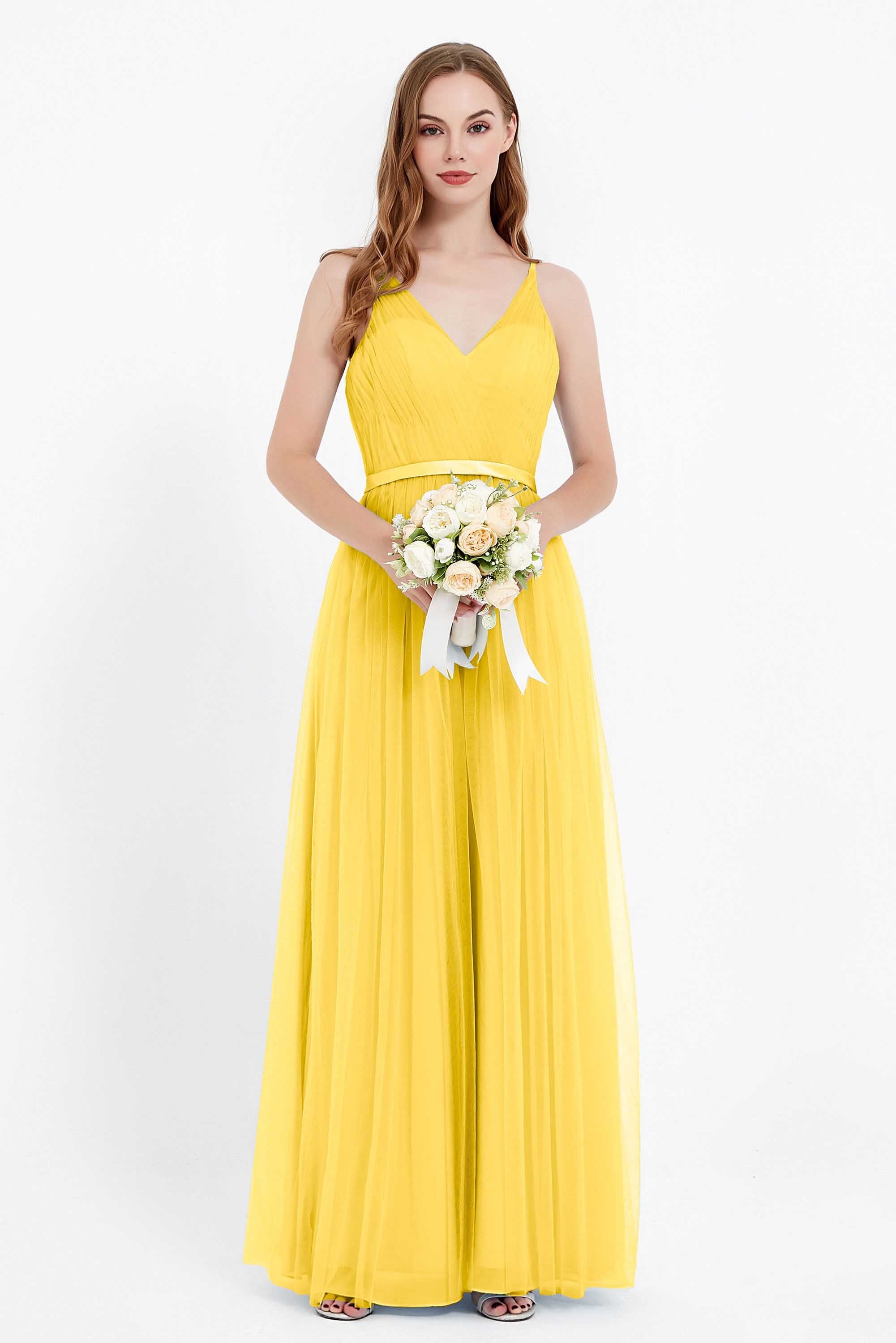 romantic maxi bridesmaid dress features a V neckline empire waist pleated formal evening dresses