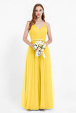 romantic maxi bridesmaid dress features a V neckline empire waist pleated formal evening dresses