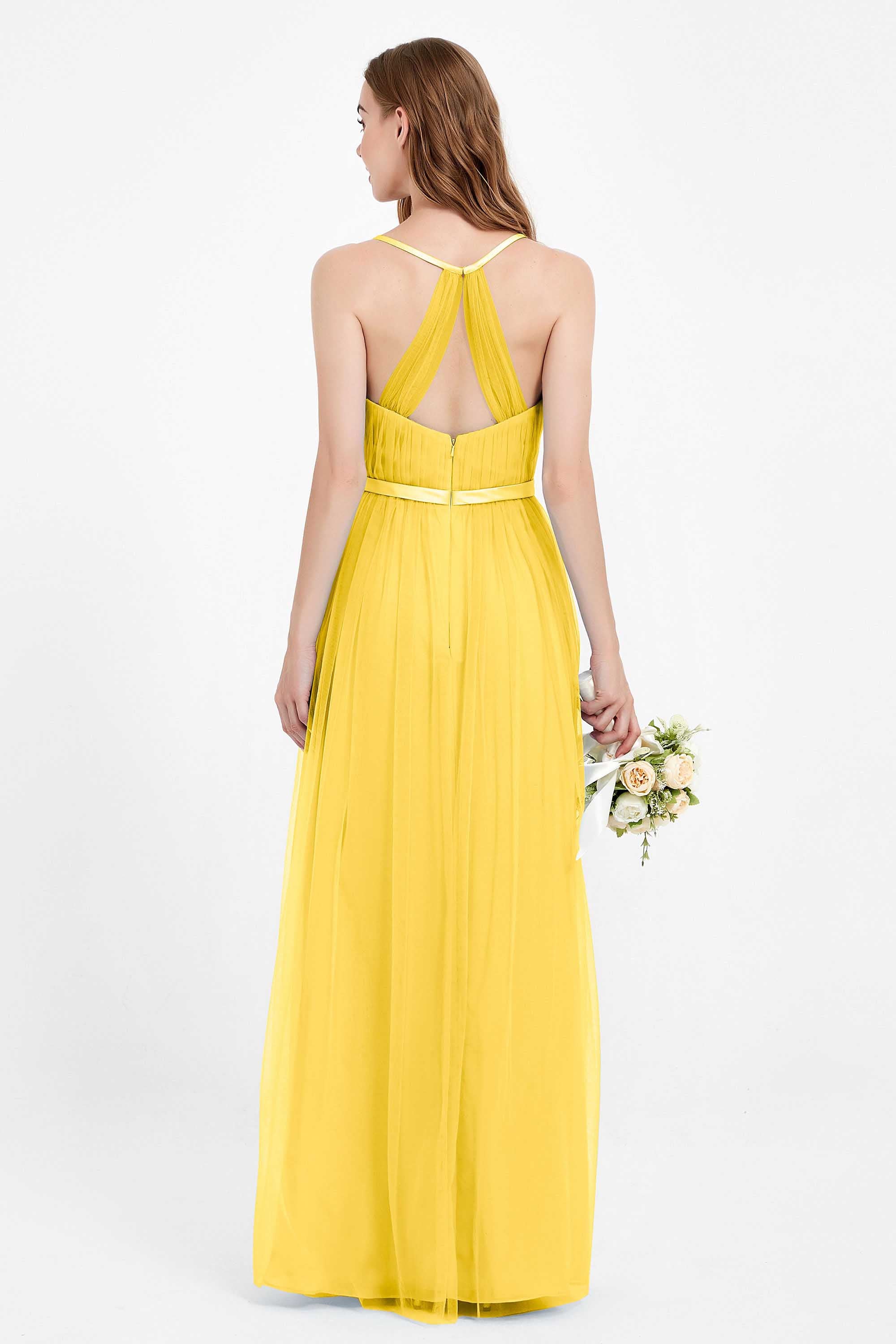 romantic maxi bridesmaid dress features a V neckline empire waist pleated formal evening dresses
