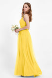 romantic maxi bridesmaid dress features a V neckline empire waist pleated formal evening dresses