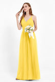 romantic maxi bridesmaid dress features a V neckline empire waist pleated formal evening dresses