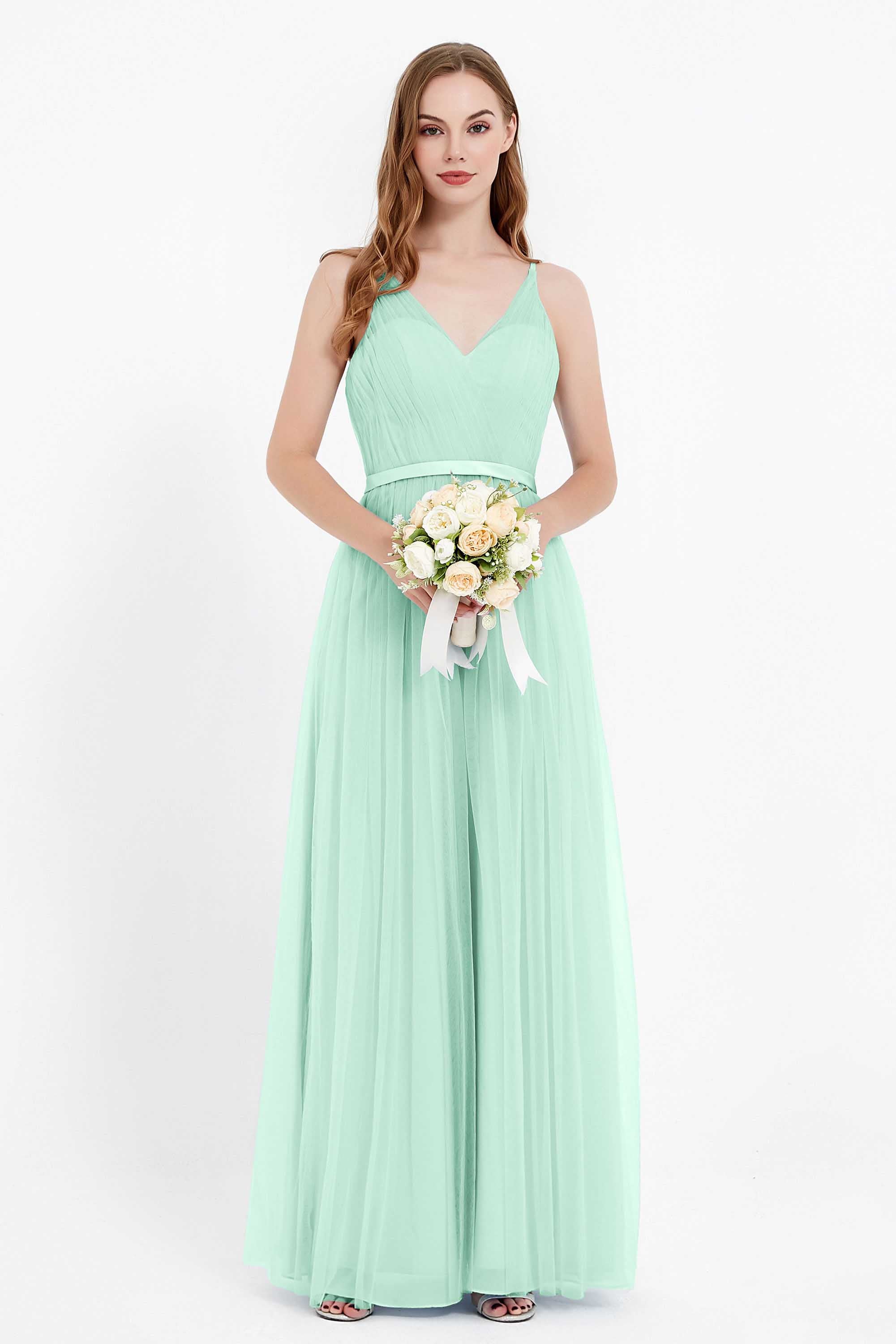 romantic maxi bridesmaid dress features a V neckline empire waist pleated formal evening dresses
