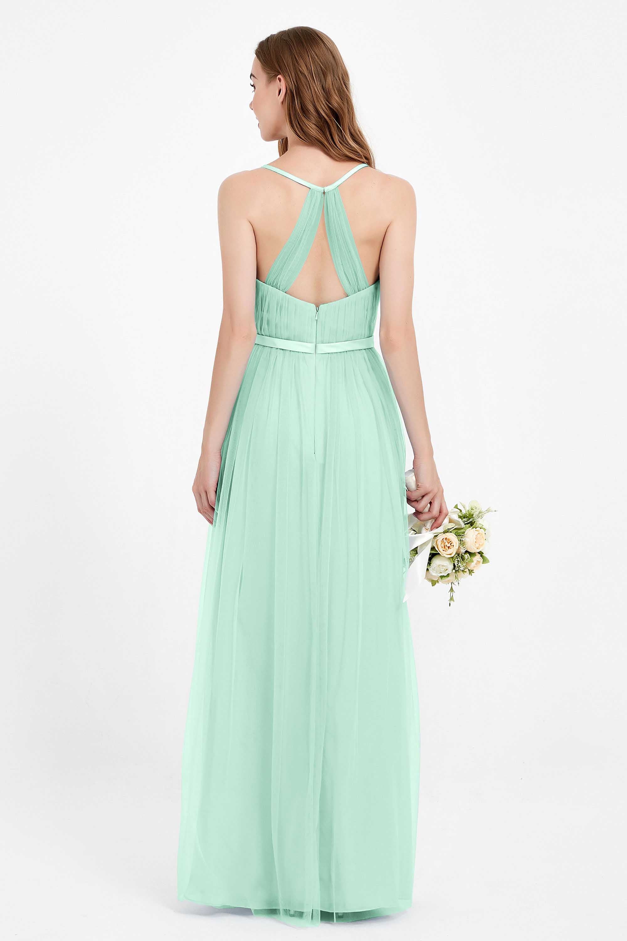 romantic maxi bridesmaid dress features a V neckline empire waist pleated formal evening dresses